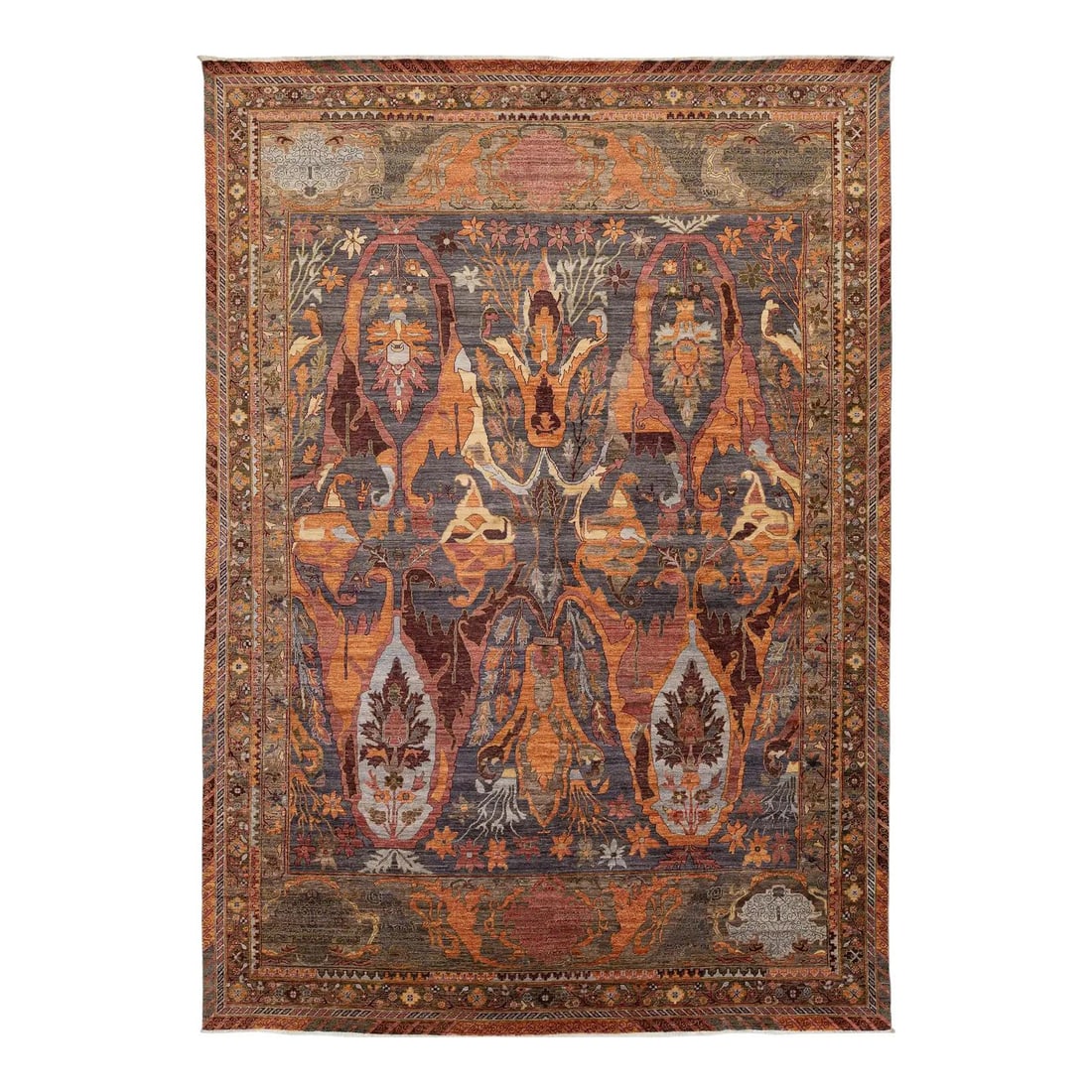 Slate and Burnt Orange Abstract Floral Wool Rug Inspired by Bidjar 9'11" x 14'2": Slate and Burnt Orange Abstract Floral Wool Rug Inspired by Bidjar 9'11" x 14'2" This wool area rug offers a modern interpretation of the classic Bidjar style, blending traditional Persian motifs with