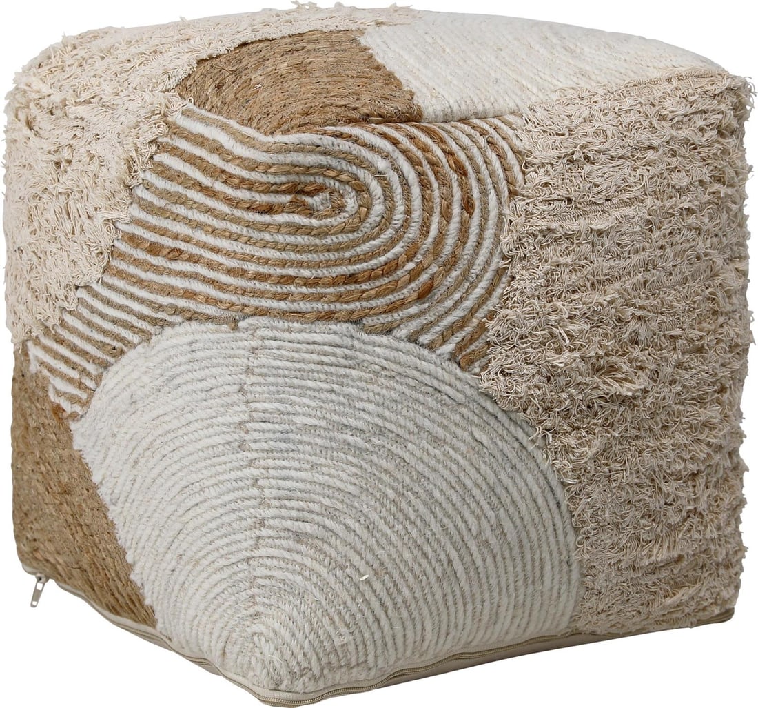 Emmeline Pouf 16x16 Handwoven Wool Jute Ivory: Emmeline Pouf 16x16 Handwoven Wool Jute Ivory Introducing the Luxurious Emmeline Pouf, a stylish and versatile addition to your home decor. This pouf showcases an elegant ivory finish and is expertly 