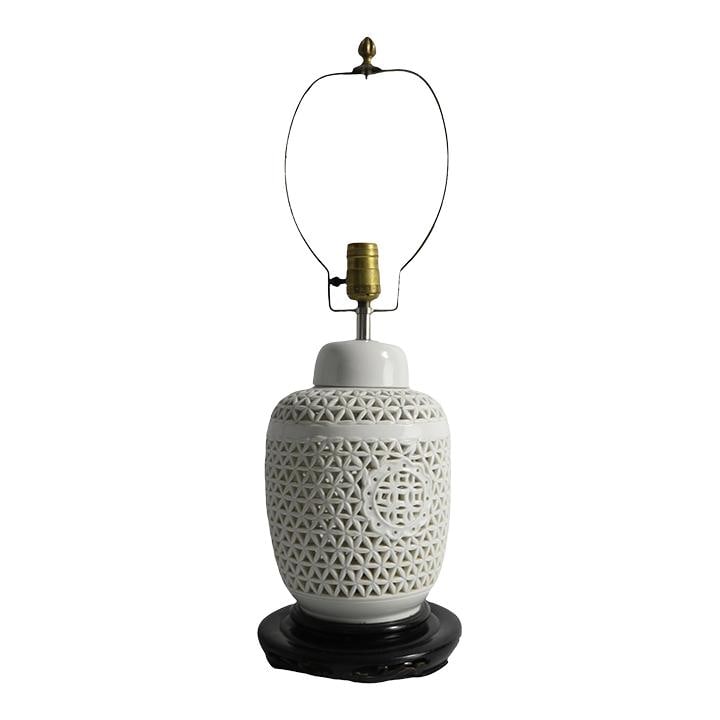 Elegant Reticulated Blanc De Chine Ginger Jar Lamp on Black Wood Base (1 of 9)