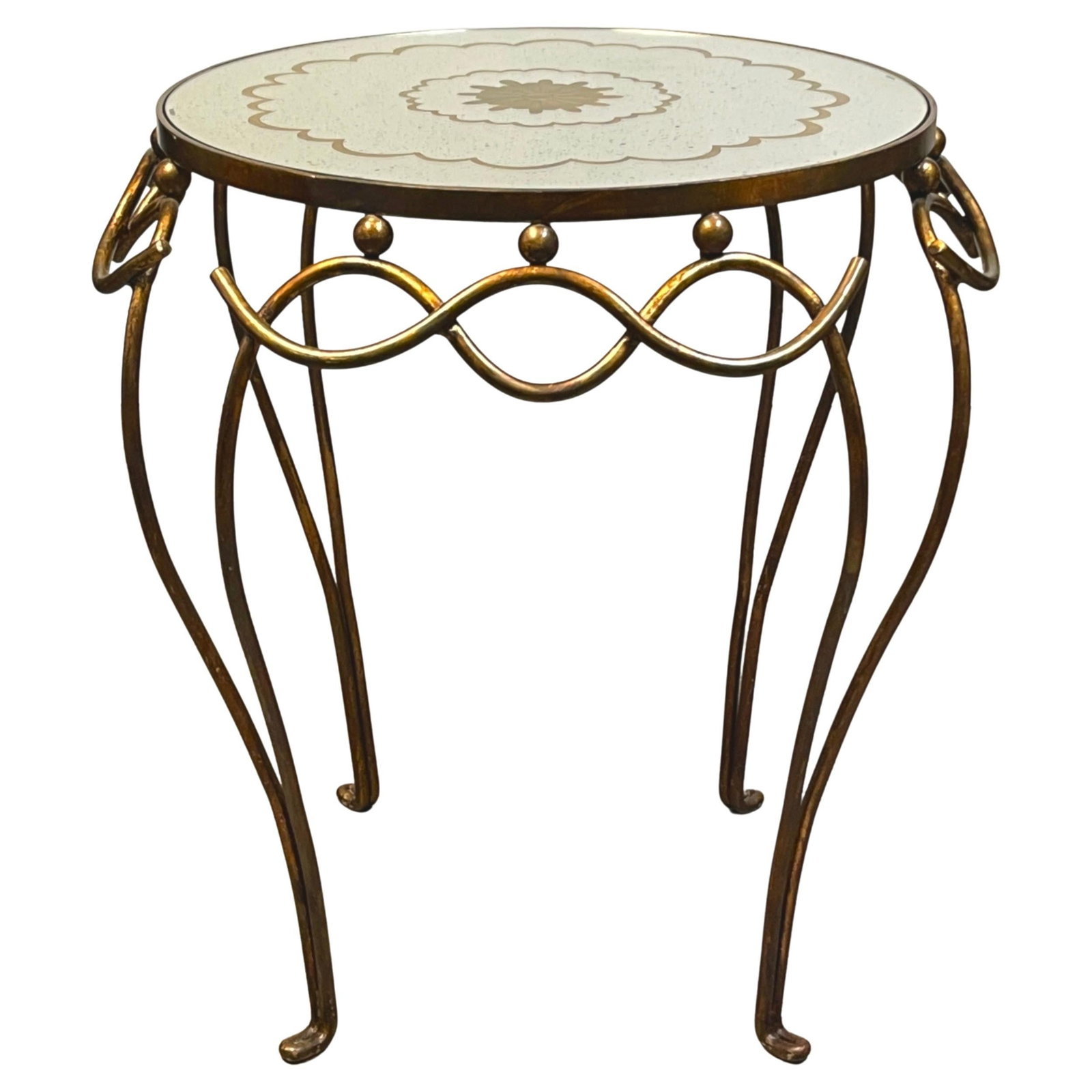 French Modern Gilt Verre Eglomise Side Table in Style of Rene Drouet: French Modern Gilt Verre Eglomise Side Table in Style of Rene Drouet This exquisite French Modern side table, styled in the manner of Rene Drouet, is a stunning addition to any contemporary decor. It 