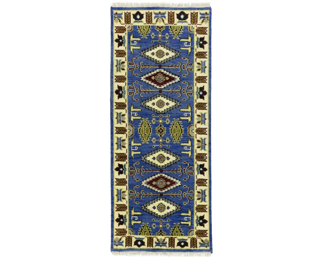 Hand-knotted wool Kazak rug in blue geometric pattern 2'6 x 6'1: Hand-knotted wool Kazak rug in blue geometric pattern 2'6 x 6'1 Handmade Kazak area rug featuring a blue geometric design, ideal for foyer or entryway use. This modern tribal-style rug is hand-knotted