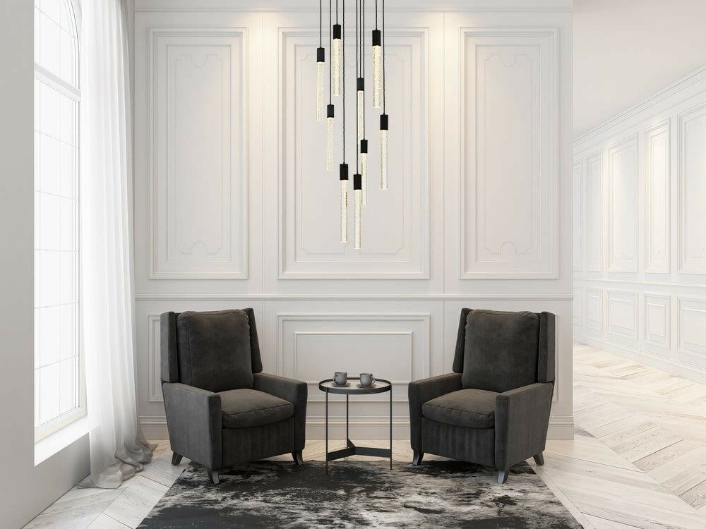 Weston black crystal pendant chandelier 9 light 24 inch: Weston black crystal pendant chandelier 9 light 24 inch This modern black crystal chandelier features nine lights and a striking square design, ideal for foyers, living rooms, dining rooms, and variou