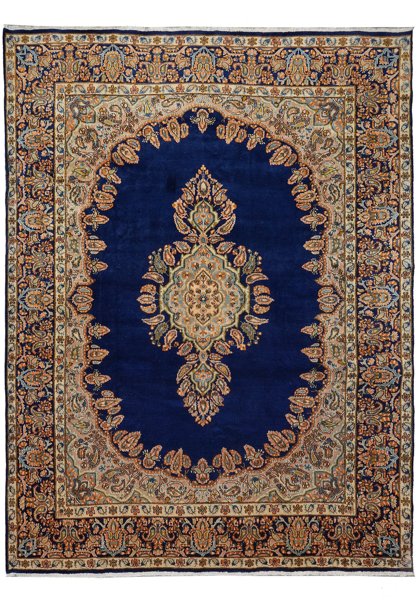 1980s Persian Kerman Rug 9.9 x 12.7 Open Field Blue Hand Knotted Wool: 1980s Persian Kerman Rug 9.9 x 12.7 Open Field Blue Hand Knotted Wool Free continental US Shipping This 9.9 x 12.7 foot Persian Kerman rug from the 1980s features an open field design with intricate f