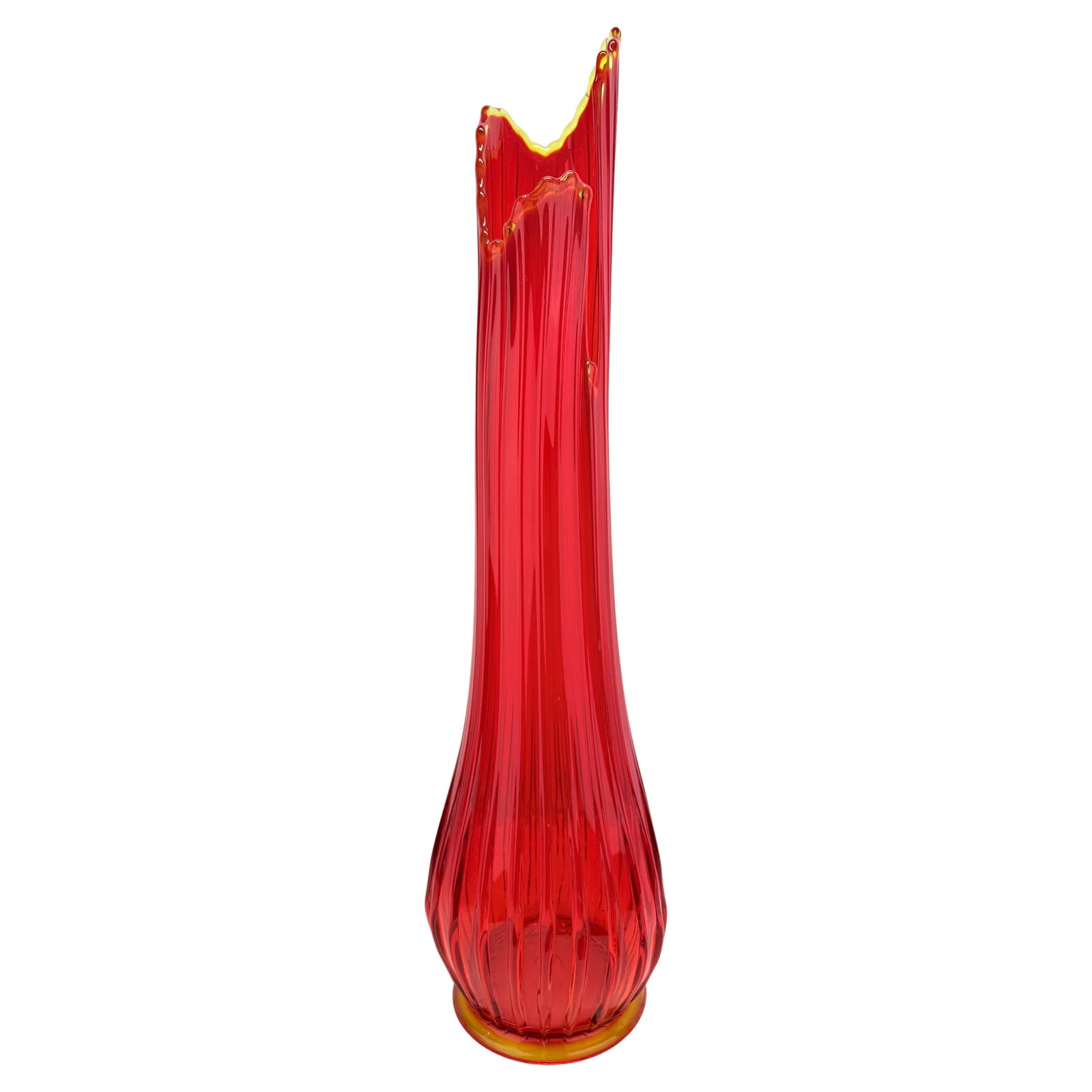 L.E. Smith Ruby Red Amberina Ribbed Swung Vase 25.25 in Mid-Century Modern (1 of 14)