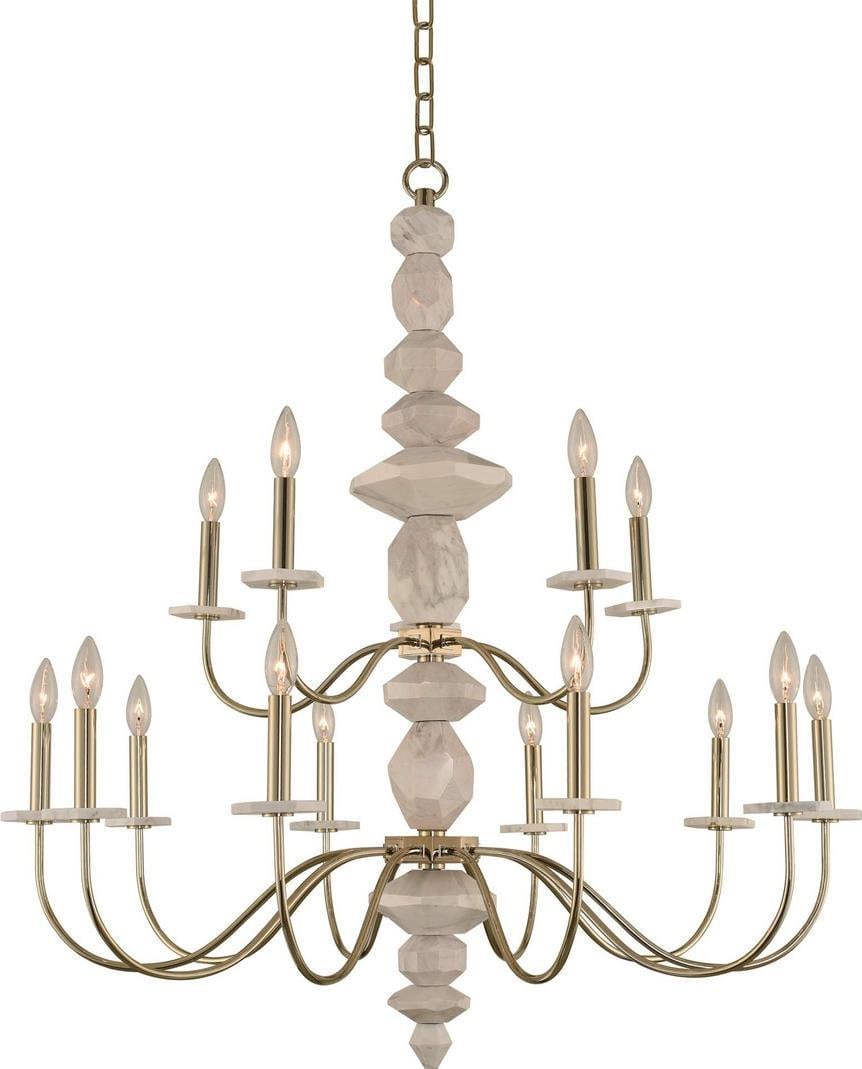 Kalco Carrara Marble 2-Tier Chandelier Champagne Gold 15-Light: Kalco Carrara Marble 2-Tier Chandelier Champagne Gold 15-Light Illuminate your space with the elegant Carrara Marble 2-Tier Chandelier, featuring a stunning champagne gold finish. This 15-light chande