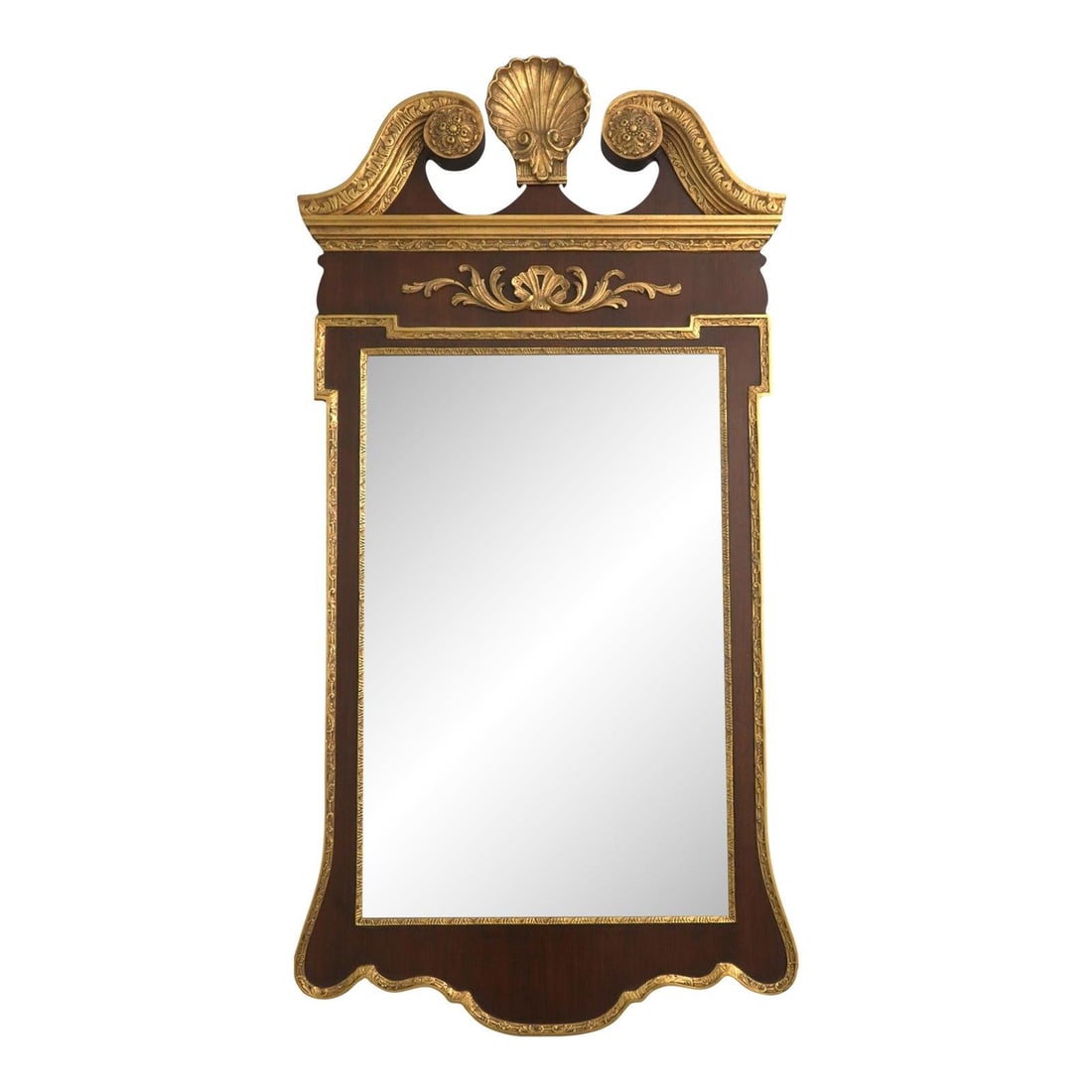 Chippendale Style Beveled Mahogany Mirror with Gold Leaf Trim and Shell Pediment (1 of 10)