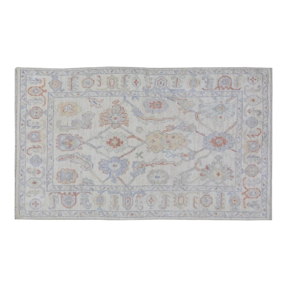 Dove Gray Wool Oushak Rug Hand Knotted Turkish 4'x6': Dove Gray Wool Oushak Rug Hand Knotted Turkish 4'x6' This Turkish Oushak hand-knotted rug is crafted from wool using traditional techniques, offering a blend of classic artistry and modern style. Its 