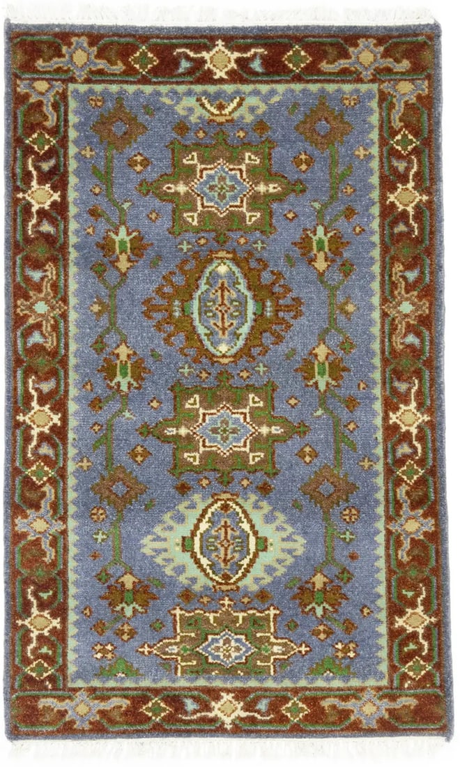 Indo-Karajeh Tribal Geometric Wool Rug 3X5 ft Handmade Modern Decor: Indo-Karajeh Tribal Geometric Wool Rug 3X5 ft Handmade Modern Decor Enhance your space with this Indo-Karajeh Oriental Rug, featuring a striking tribal geometric design that adds a modern flair to you