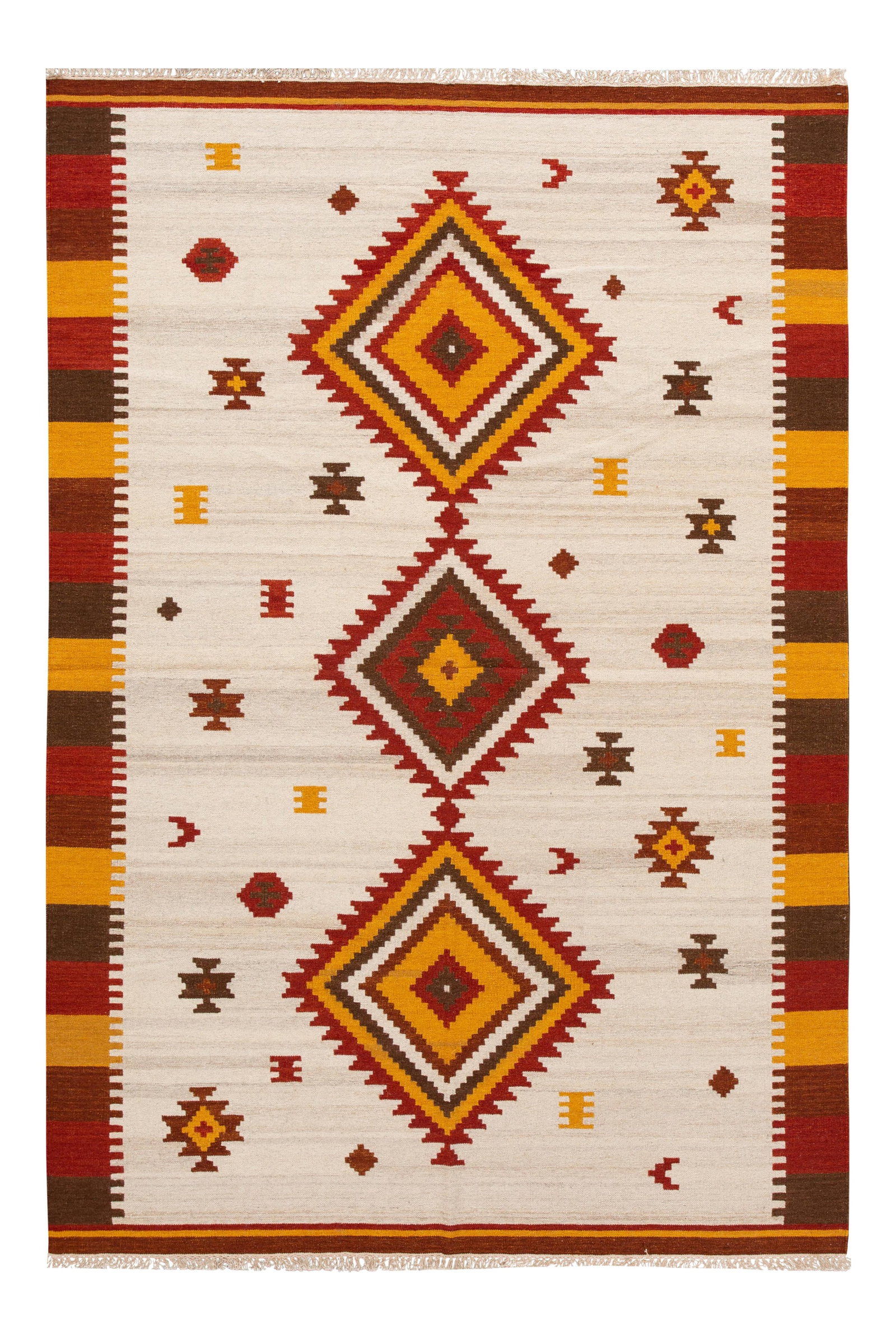 Hand-Woven Modern Kilim Rug Ivory Geometric Wool 6'6" x 9'10": Hand-Woven Modern Kilim Rug Ivory Geometric Wool 6'6" x 9'10" Enhance your space with this stunning hand-woven modern Kilim rug, featuring an elegant ivory field and vibrant multi-color accents showca