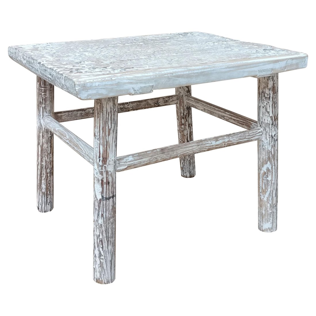 Chinese Style Elm Wood Table Charm Bleached White Finish: Chinese Style Elm Wood Table Charm Bleached White Finish Introducing a charming Historic Chinese Elm Wood Table, designed in an antique or vintage style. This exquisite piece stands at a height of 18 
