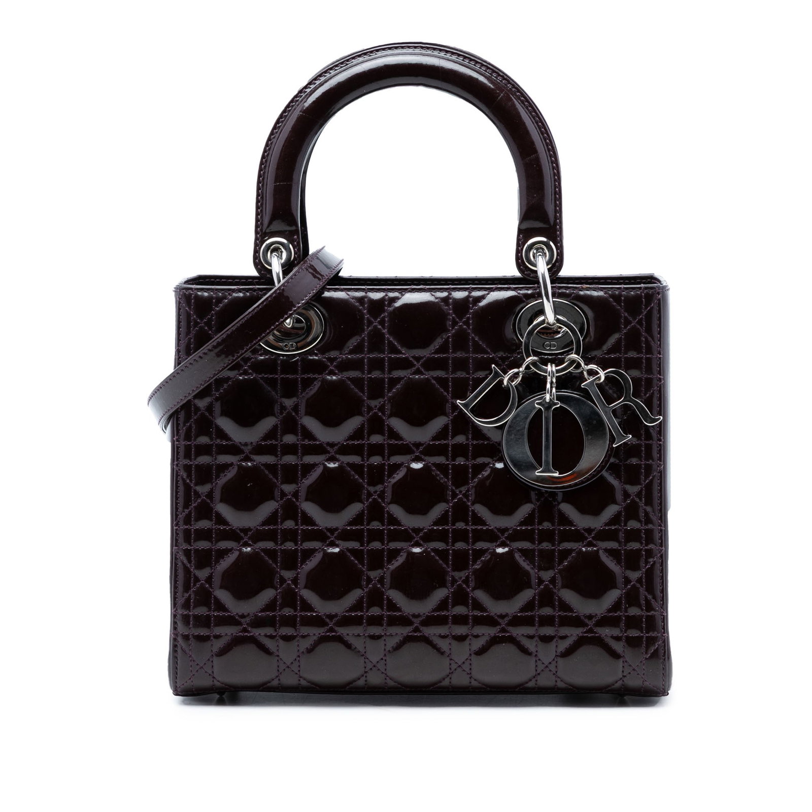 Dior Medium Patent Cannage Lady Dior Purple Leather Bag: Dior Medium Patent Cannage Lady Dior Purple Leather Bag This Lady Dior bag features a quilted patent leather exterior in purple, with flat leather top handles and a detachable flat leather strap. The 