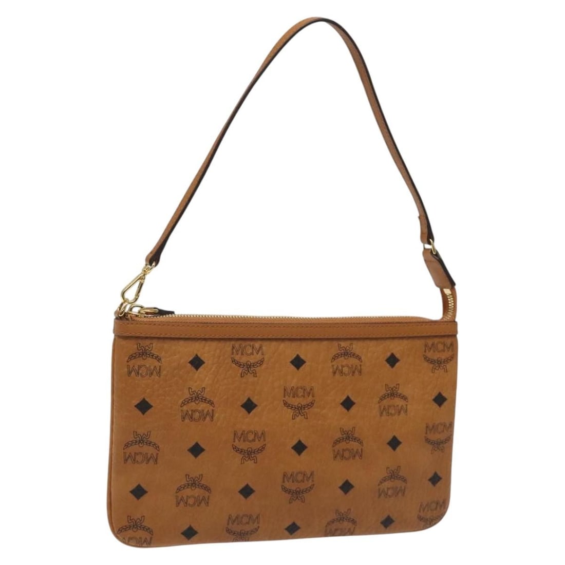 MCM brown PVC logo accessory pouch with dust bag: MCM brown PVC logo accessory pouch with dust bag This MCM accessory pouch features the iconic Vicetos logogram design in brown PVC leather. Designed for women, it offers a compact and stylish solution