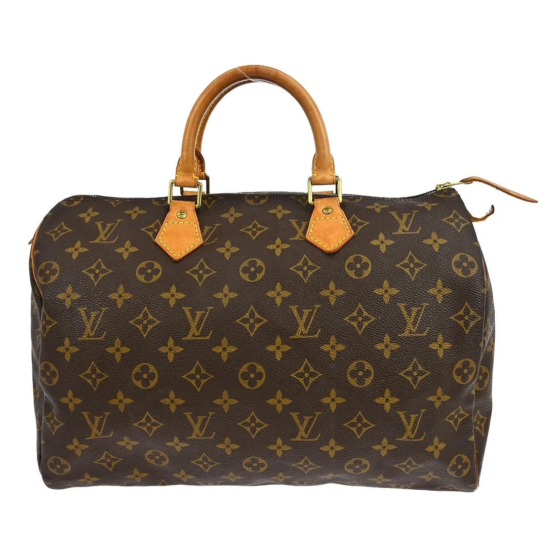 Louis Vuitton Speedy Brown Canvas Handbag: Louis Vuitton Speedy Brown Canvas Handbag Louis Vuitton Speedy handbag in brown monogram canvas. Made in France, this piece is presented in fair condition with visible wear. The exterior shows scuffs,