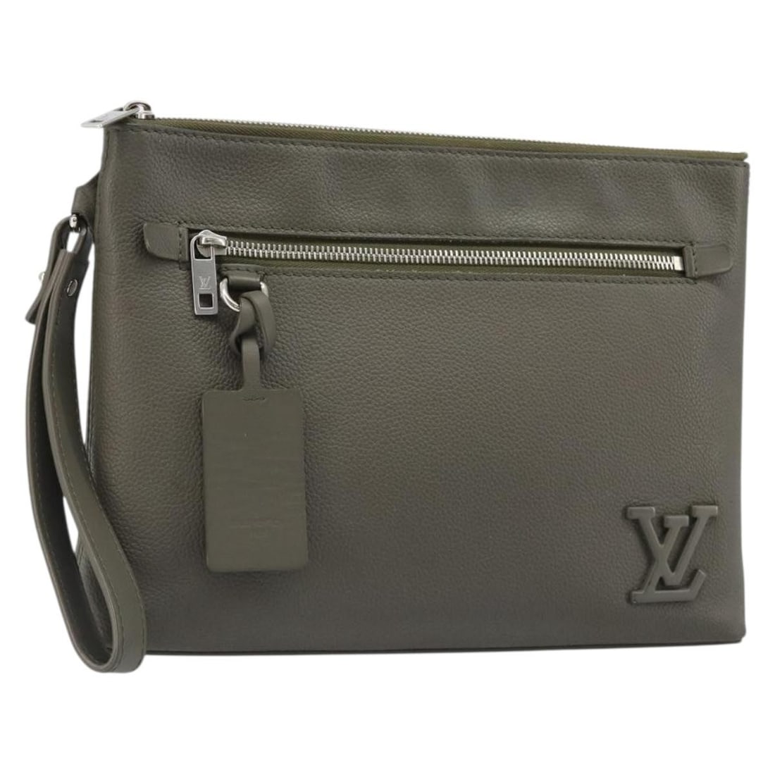 Louis Vuitton M81735 Takeoff Leather Clutch Pouch Gray: Louis Vuitton M81735 Takeoff Leather Clutch Pouch Gray Louis Vuitton Takeoff pouch clutch bag in gray leather with a streamlined design and dust bag included. This pre-owned piece is made in France an
