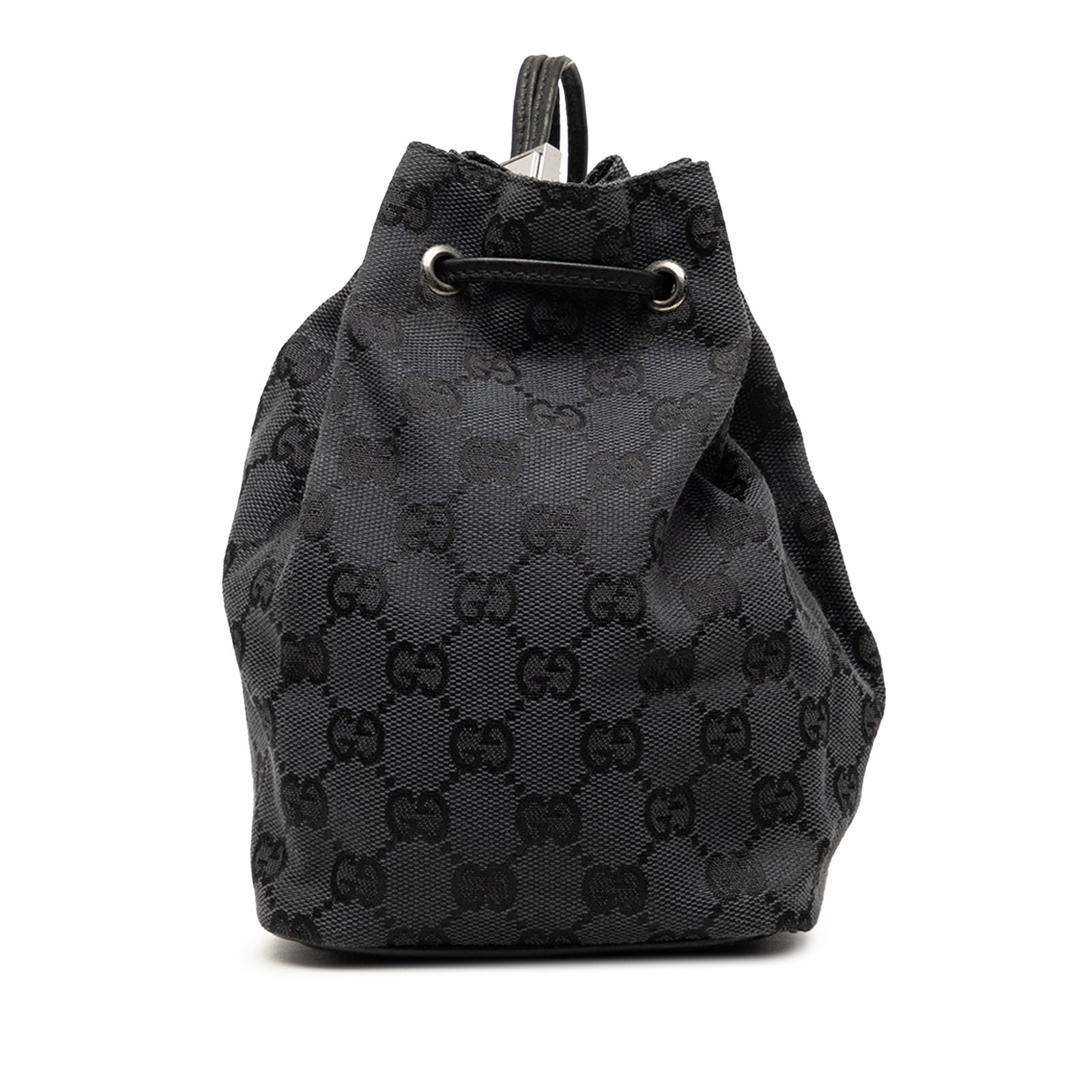 Gucci GG Canvas Bucket Bag with Drawstring Closure: Gucci GG Canvas Bucket Bag with Drawstring Closure Gucci GG Canvas Drawstring Bucket Bag in black with a canvas body, flat leather straps, and a top drawstring closure. Made in Italy. Condition is B+ 