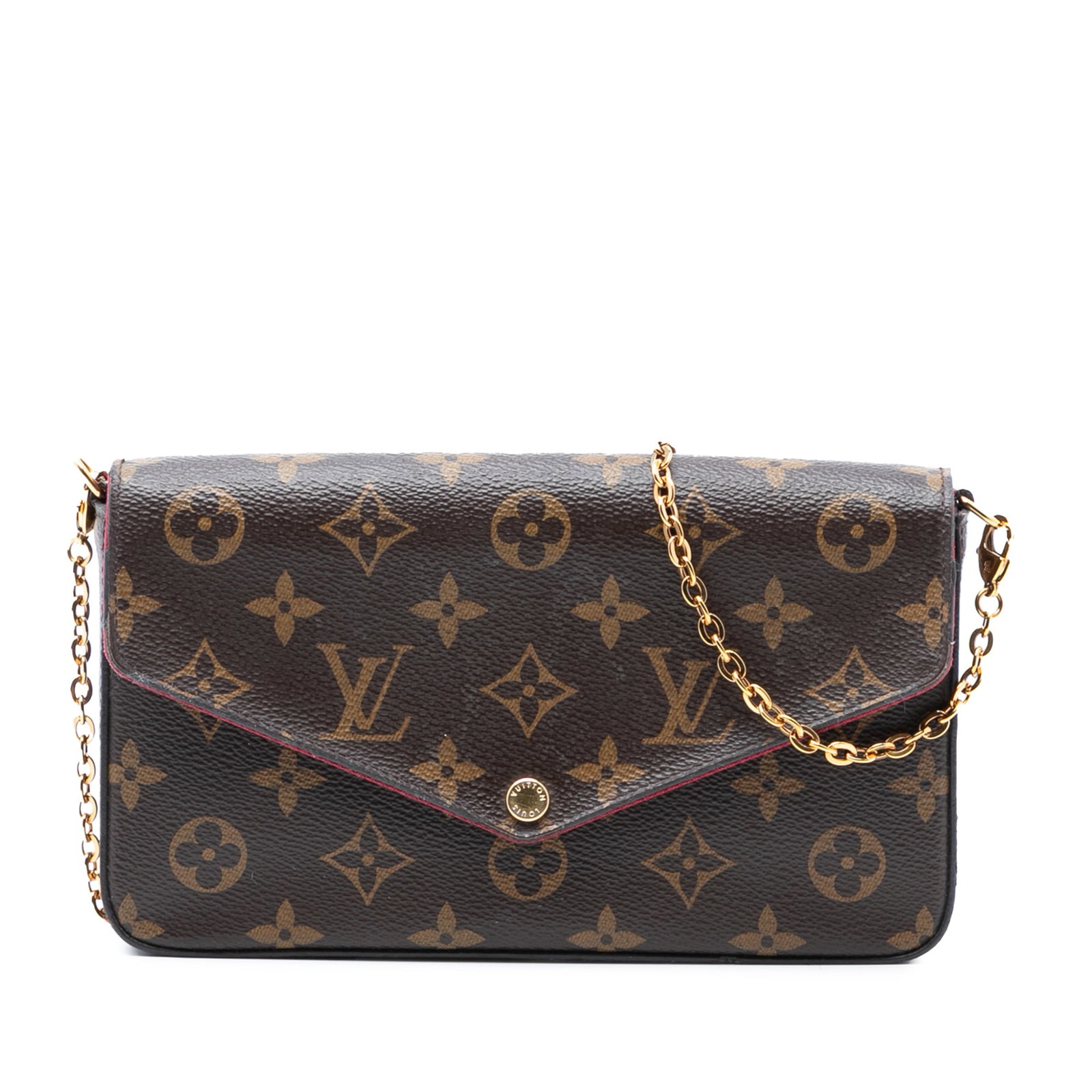 Louis Vuitton Monogram Canvas Felicie Crossbody Bag with Detachable Chain Strap: Louis Vuitton Monogram Canvas Felicie Crossbody Bag with Detachable Chain Strap The Louis Vuitton Monogram Pochette Felicie is a crossbody bag crafted from signature monogram canvas in brown. It featu