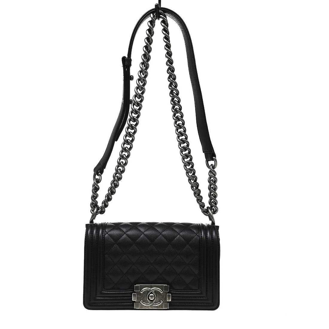 CHANEL Boy Chanel Mini Black Caviar Leather Chain Shoulder Bag: CHANEL Boy Chanel Mini Black Caviar Leather Chain Shoulder Bag Boy Chanel small chain shoulder bag in black caviar skin leather with a clasp flap closure, fabric lining, inner pocket, and chain should