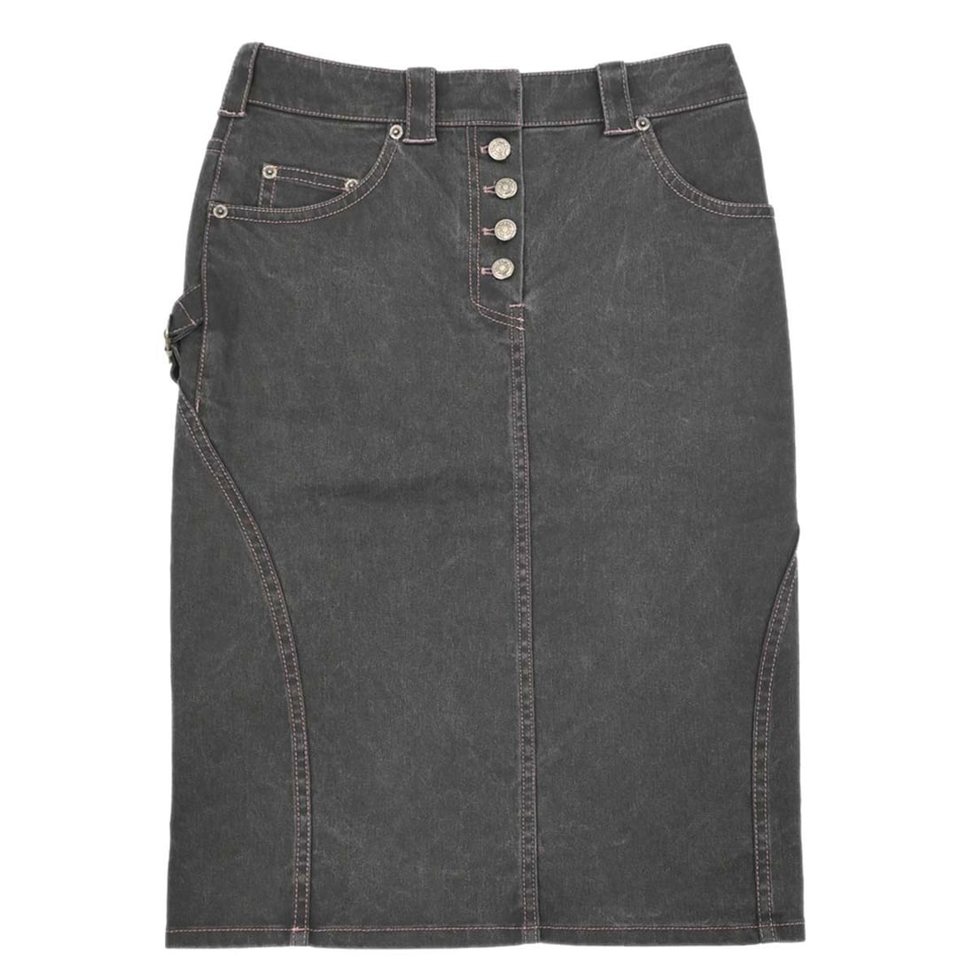 Christian Dior Gray Knee Length Denim Skirt FR 36: Christian Dior Gray Knee Length Denim Skirt FR 36 Christian Dior gray knee-length denim skirt for women, made in Portugal. This casual skirt is crafted from 98% cotton and 2% polyurethane and features