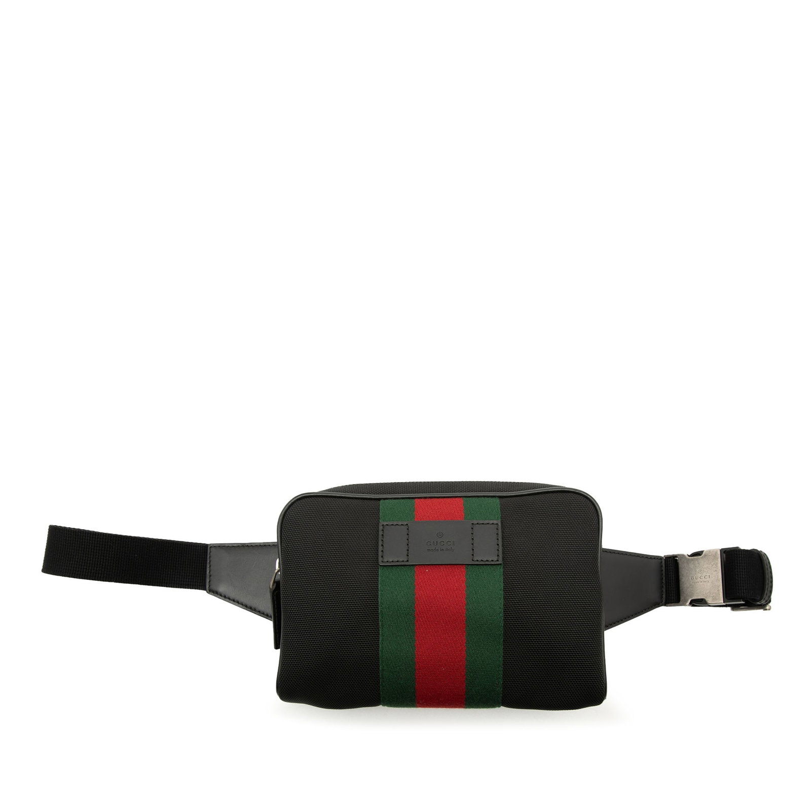 Gucci black canvas waist belt bag with leather trim: Gucci black canvas waist belt bag with leather trim This Gucci Canvas Techno Web Belt Bag features a durable canvas body with leather trim and an adjustable flat canvas waist strap. It is designed wit