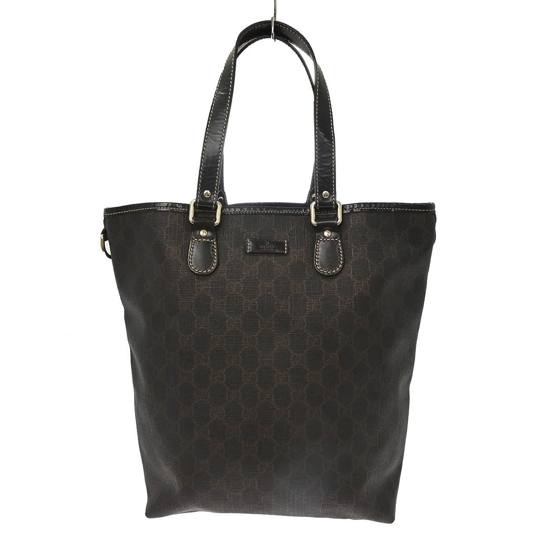 Vintage Gucci GG Top Handle Handbag Brown PVC Leather Italy: Vintage Gucci GG Top Handle Handbag Brown PVC Leather Italy Vintage Gucci top handle handbag in brown with the GG pattern. The bag is made in Italy and features a structured medium-size silhouette wit