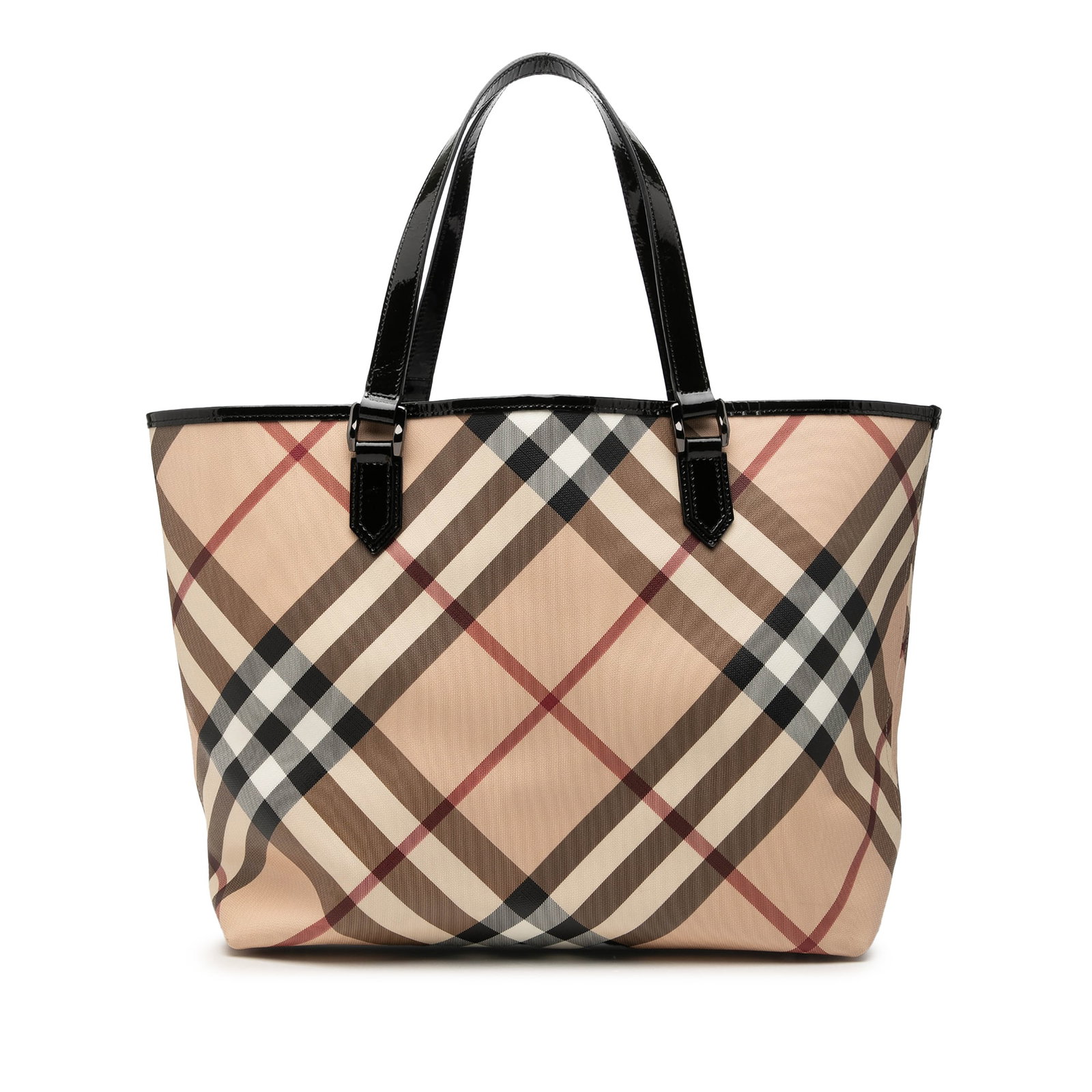 Burberry Supernova Check Tote in Coated Canvas with Patent Trim: Burberry Supernova Check Tote in Coated Canvas with Patent Trim Burberry Supernova Check tote bag in beige coated canvas with patent leather trim and flat leather straps. The bag features an open-top 