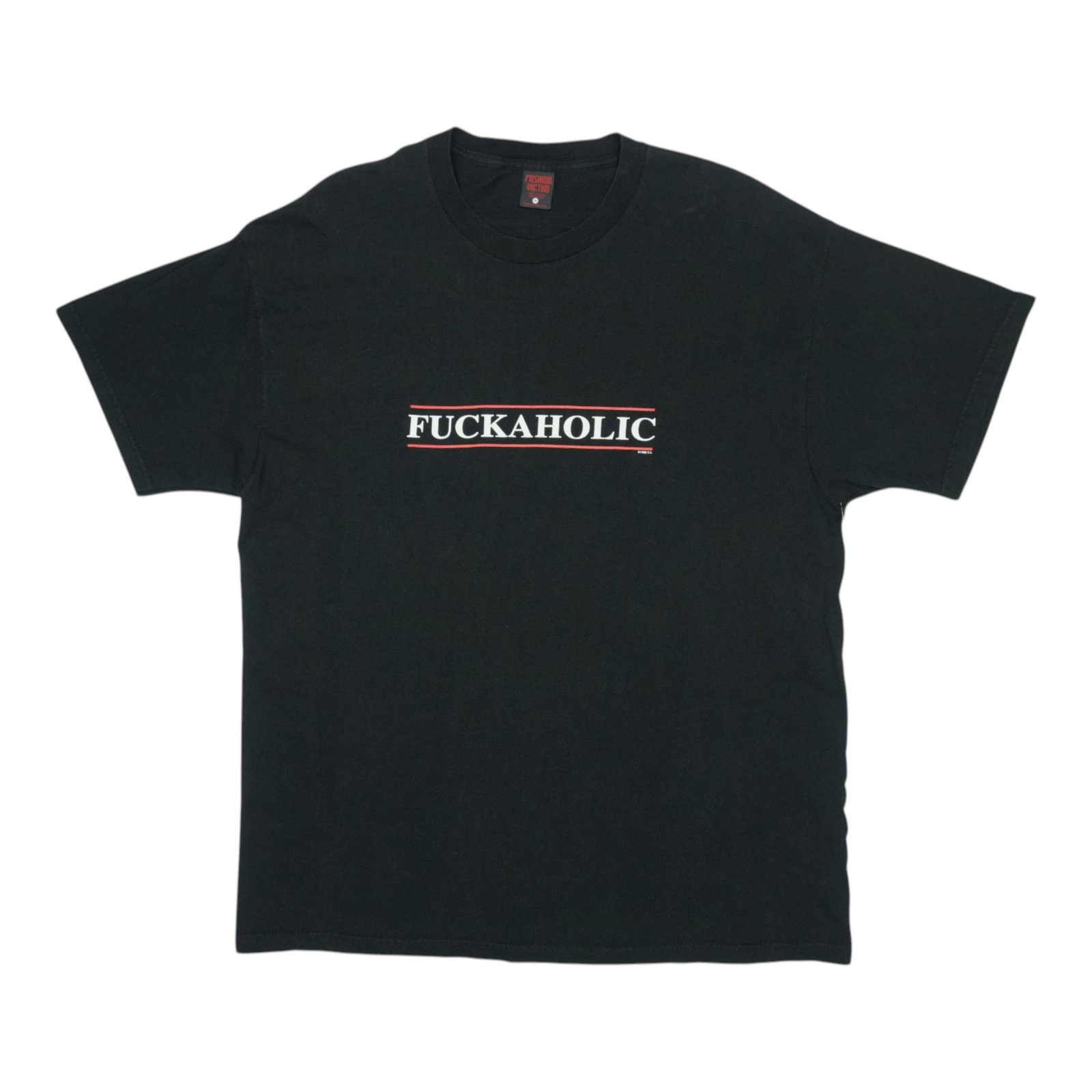 Vintage 1998 Fuckaholic Graphic Black Cotton Shirt by Fashion Victim: Vintage 1998 Fuckaholic Graphic Black Cotton Shirt by Fashion Victim This is an original vintage 1998 Fashion Victim Fuckaholic shirt, not a modern reproduction. The shirt features no graphics on the 