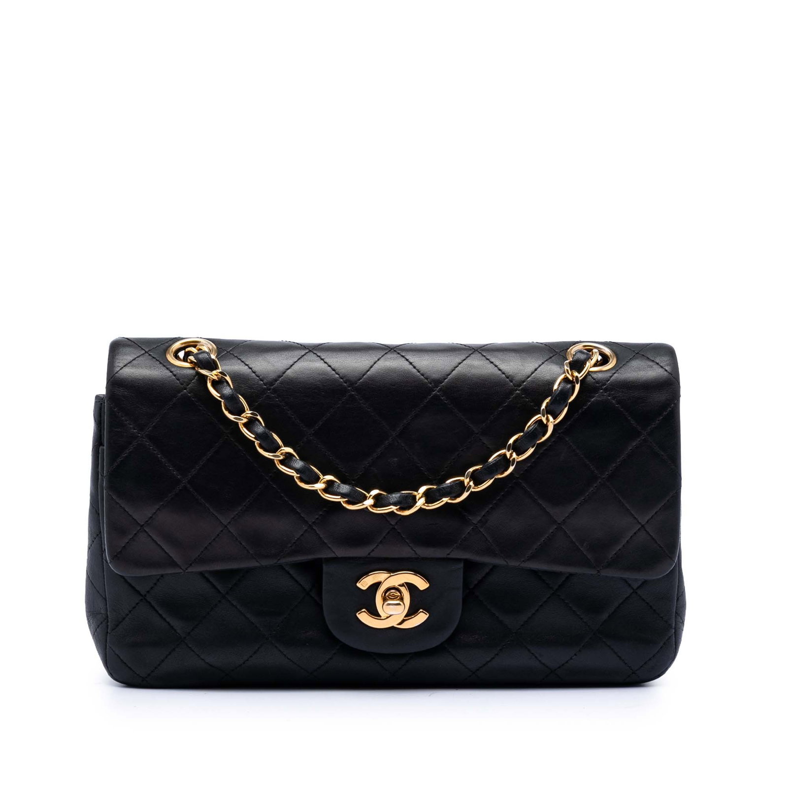 Chanel Small Classic Double Flap Shoulder Bag Black Lambskin: Chanel Small Classic Double Flap Shoulder Bag Black Lambskin Chanel Small Classic Lambskin Double Flap shoulder bag in black quilted lambskin with leather-woven chain shoulder straps. It features doub