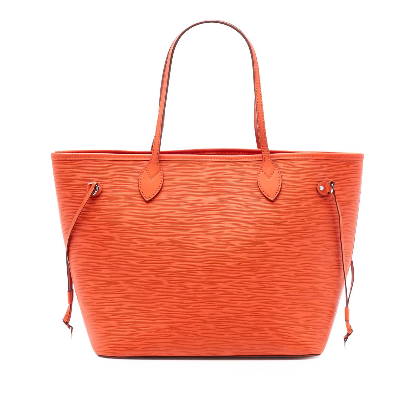 Epi Leather Neverfull MM Tote by Louis Vuitton in Orange: Epi Leather Neverfull MM Tote by Louis Vuitton in Orange This Louis Vuitton Epi Neverfull MM features an Epi leather body in orange, complemented by leather handles and a top lobster claw clasp closur