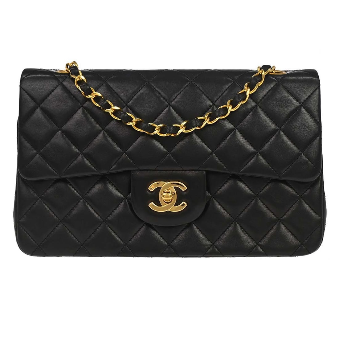 CHANEL Classic Double Flap Small Black Lambskin Shoulder Bag: CHANEL Classic Double Flap Small Black Lambskin Shoulder Bag Chanel Small Classic Double Flap shoulder bag in black lambskin with matelasse quilting and a flap turnlock closure. This women's shoulder 