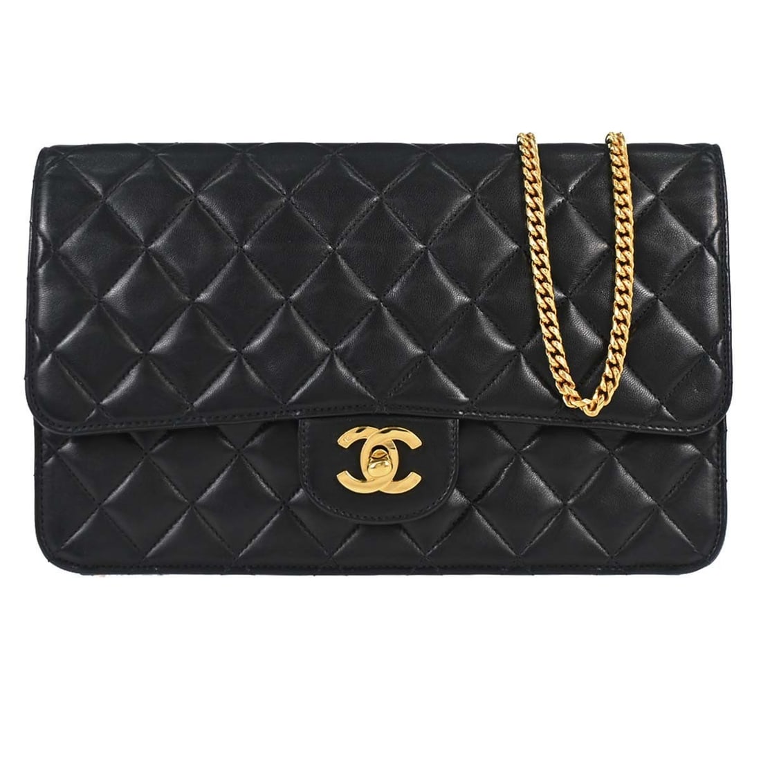 CHANEL Classic Single Flap Medium Black Lambskin Shoulder Bag: CHANEL Classic Single Flap Medium Black Lambskin Shoulder Bag Black lambskin shoulder bag from the Chanel Classic Flap line with a turn lock closure and single flap design. This medium bag features a 