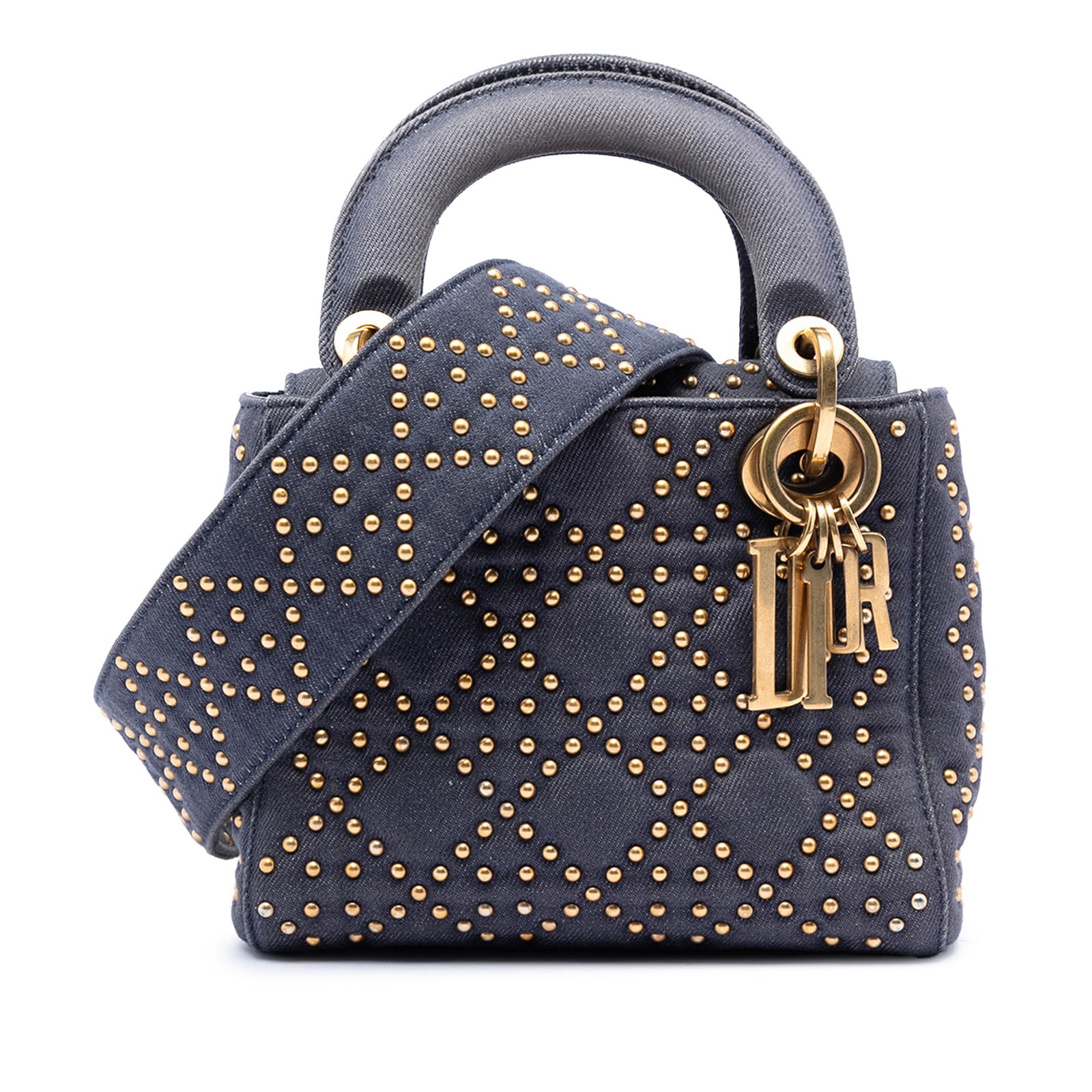Dior Mini Lady Dior Cannage Denim Studded Satchel: Dior Mini Lady Dior Cannage Denim Studded Satchel Mini Lady Dior satchel in blue denim with Cannage quilting and studded detailing. This bag features flat top handles, a detachable flat shoulder strap