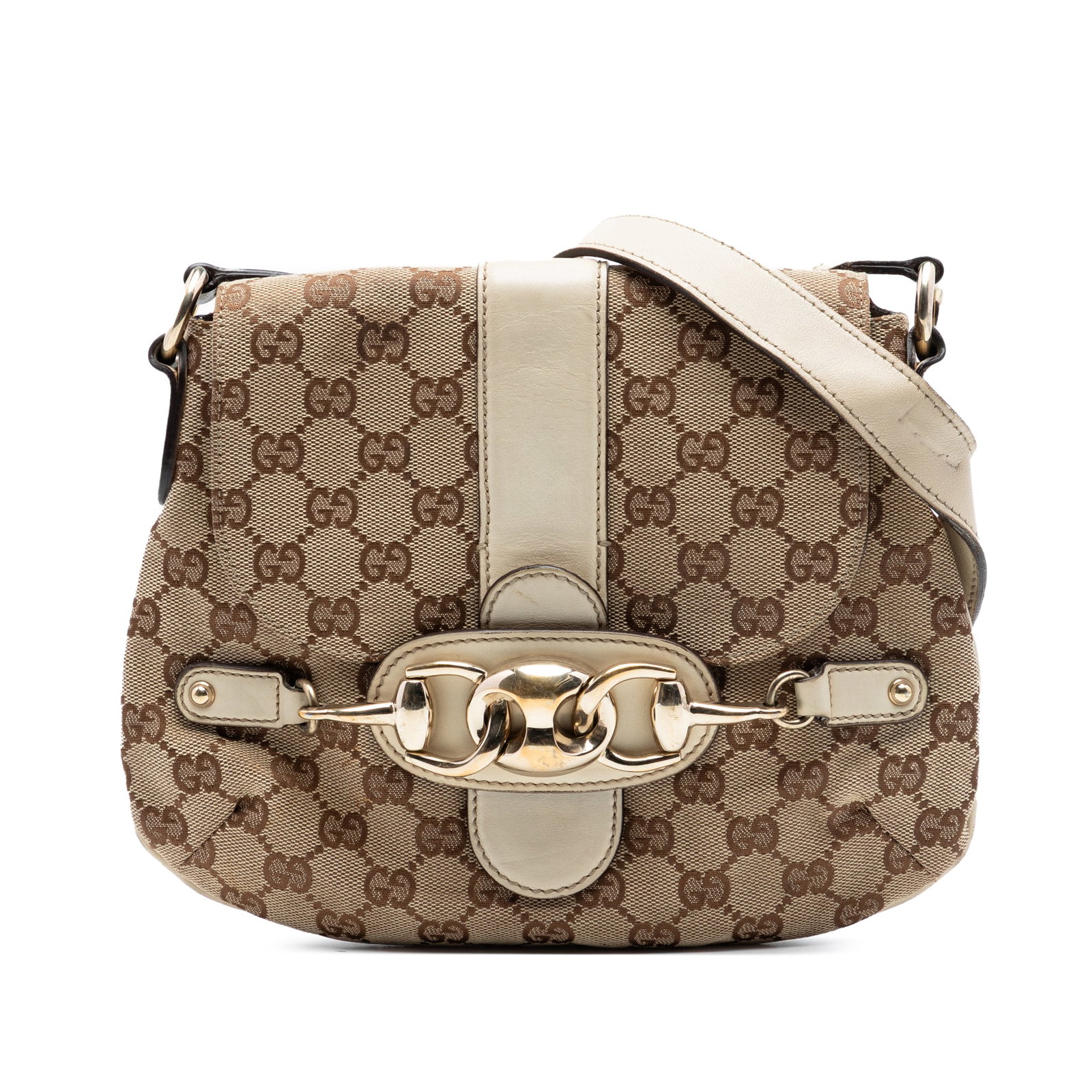 Gucci GG Canvas Beige Horsebit Flap Shoulder Bag: Gucci GG Canvas Beige Horsebit Flap Shoulder Bag This Gucci GG Canvas Horsebit Shoulder Bag features a canvas body with leather trim, a flat leather strap, a front flap, and an interior zip pocket. Th