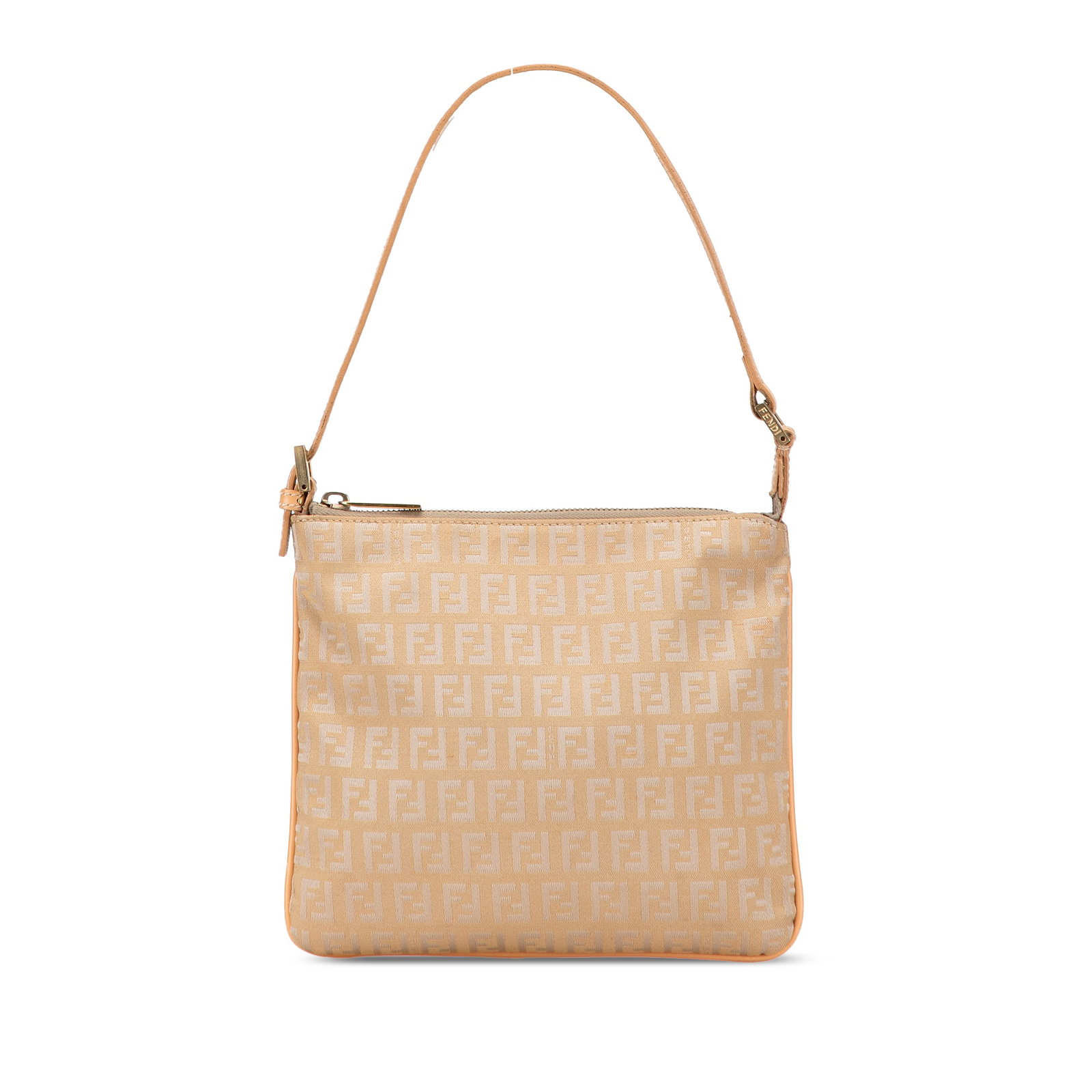 Fendi Zucchino Canvas Shoulder Bag with Leather Trim: Fendi Zucchino Canvas Shoulder Bag with Leather Trim This Fendi Zucchino Canvas Shoulder Bag showcases a stylish canvas body complemented by leather trim. It features a flat leather strap for comforta