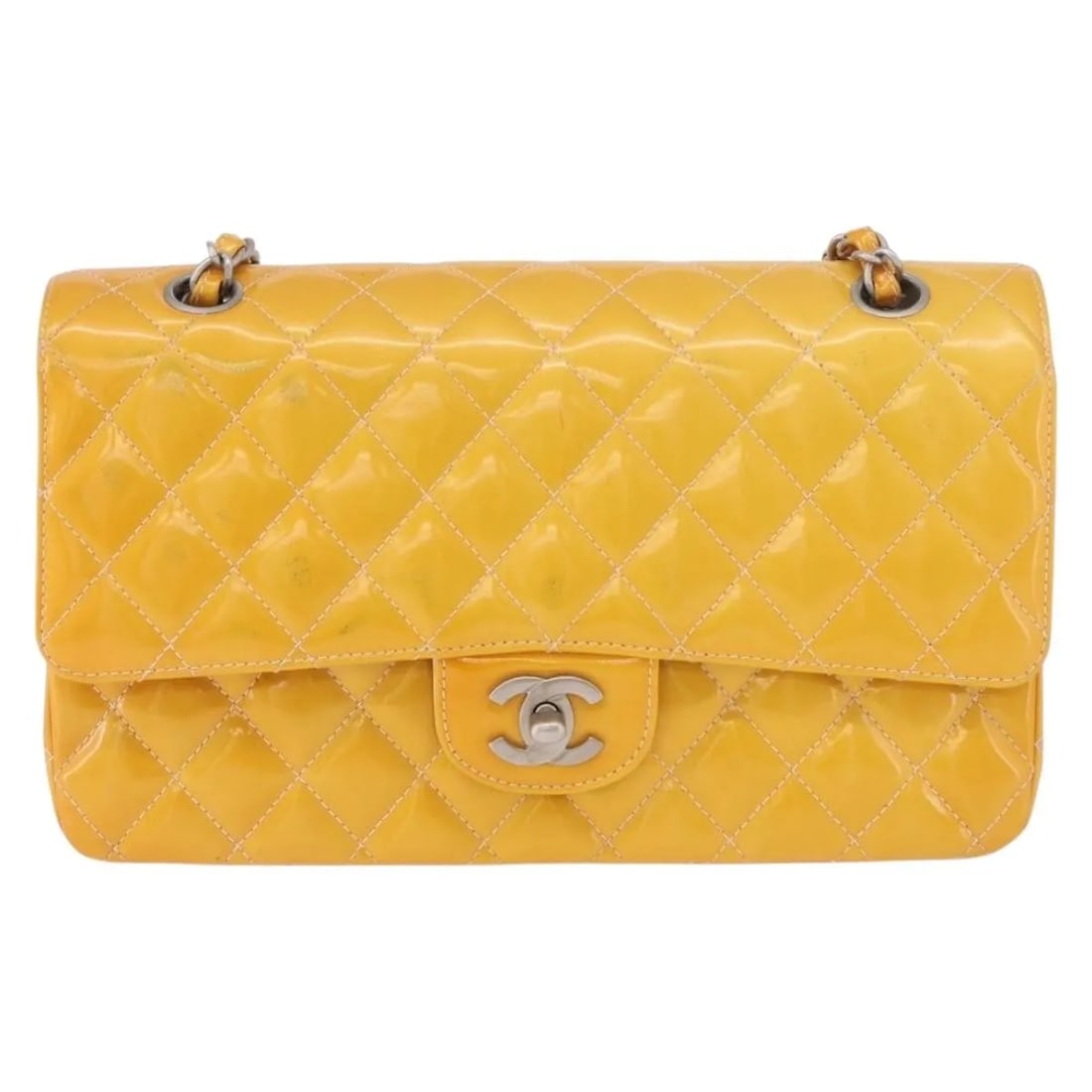 Chanel Timeless Classic Double Flap Patent Leather Shoulder Bag Yellow: Chanel Timeless Classic Double Flap Patent Leather Shoulder Bag Yellow Chanel Timeless - Classic Double Flap quilted patent leather bag in yellow. This piece shows overall worn condition with shape lo