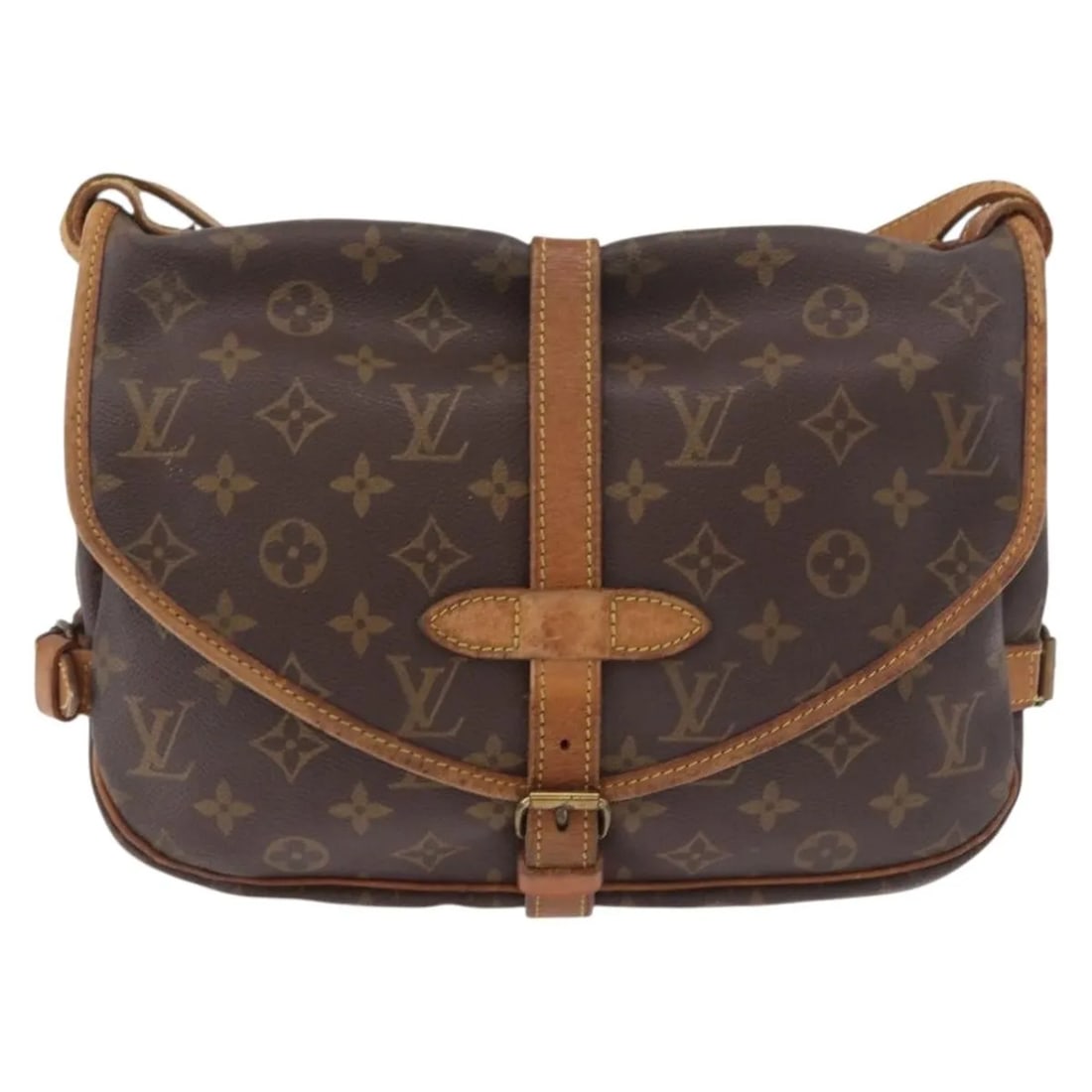 Louis Vuitton Saumur Brown Canvas Shoulder Bag: Louis Vuitton Saumur Brown Canvas Shoulder Bag Louis Vuitton Saumur in brown monogram canvas with a unisex design. This bag is in fair condition with good overall appearance, showing visible wear from