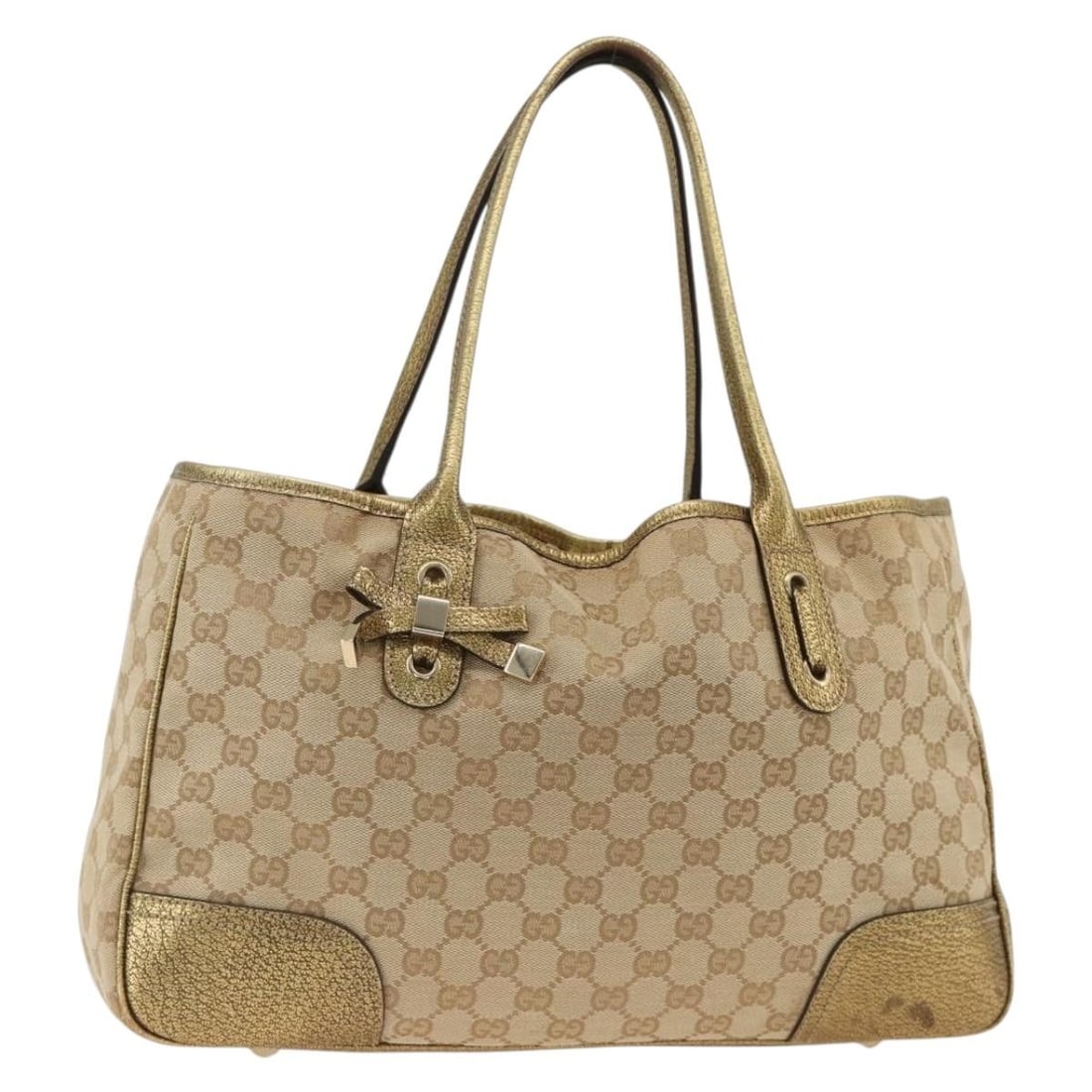 Gucci 163805 GG Canvas Tote Handbag Beige Gold: Gucci 163805 GG Canvas Tote Handbag Beige Gold Gucci tote bag in beige and gold GG canvas, made in Italy. This women's bag features a structured everyday silhouette with dual handles and shows reasona