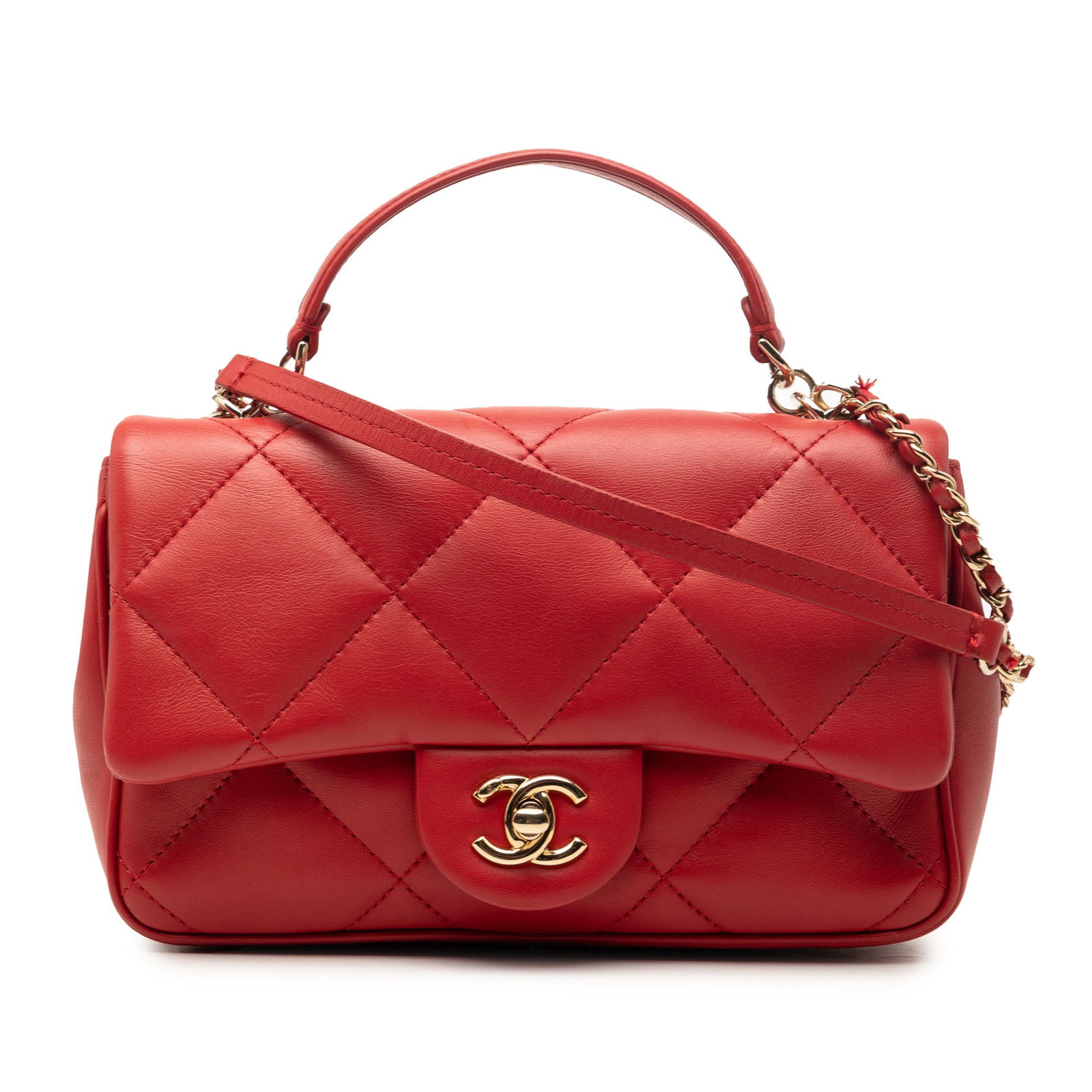 Chanel red lambskin flap bag with top handle: Chanel red lambskin flap bag with top handle This Chanel Small Lambskin Easy Carry Flap bag features a quilted lambskin leather exterior in red, complemented by a flat top handle and a leather-woven c