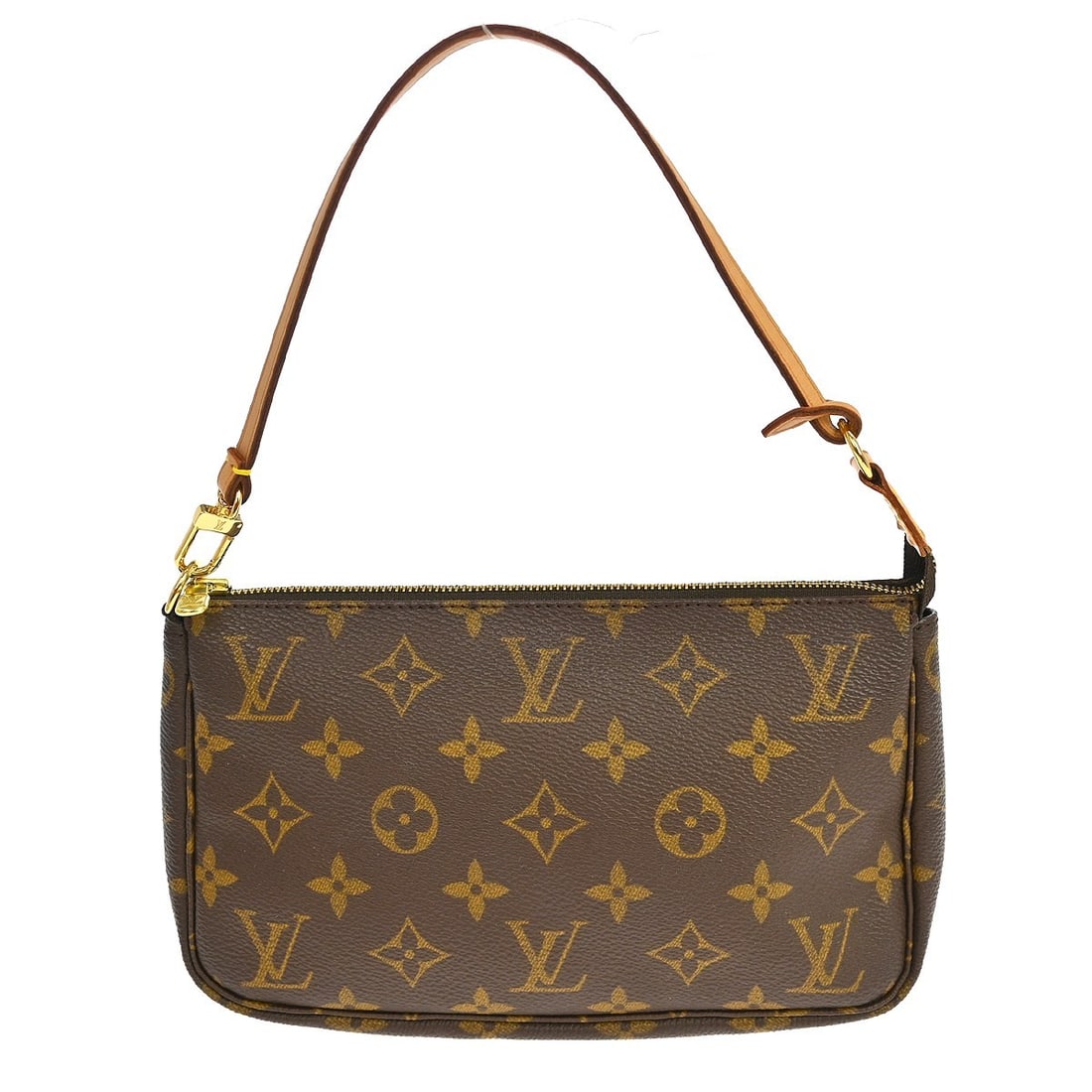 Louis Vuitton Pochette Accessoires Monogram Canvas Pouch M51980: Louis Vuitton Pochette Accessoires Monogram Canvas Pouch M51980 Vintage Louis Vuitton Pochette Accessoires handbag in brown Monogram canvas and leather. This small zip-top pouch features a top handle 