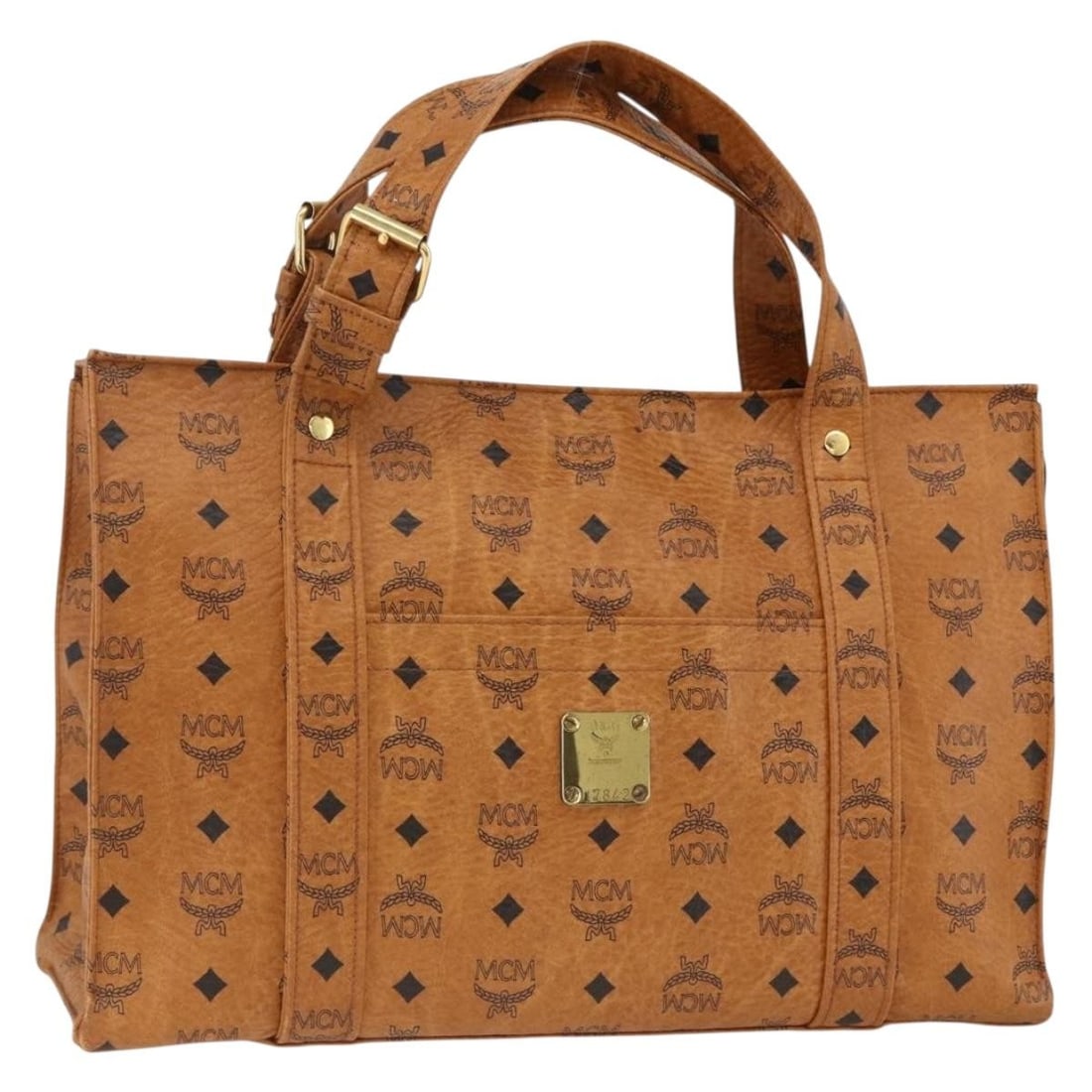 MCM Vicetos Brown PVC Shoulder Bag with Gold Accents: MCM Vicetos Brown PVC Shoulder Bag with Gold Accents This MCM Logogram Vicetos shoulder bag features a brown and gold PVC leather exterior with the brand's signature design. The bag is designed for wo
