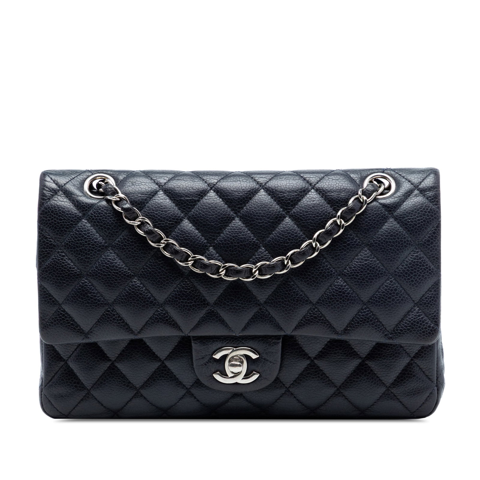 Chanel Blue Caviar Leather Medium Double Flap Shoulder Bag: Chanel Blue Caviar Leather Medium Double Flap Shoulder Bag This Chanel Medium Classic Caviar Double Flap shoulder bag features a quilted caviar leather exterior in blue with a leather-woven chain link