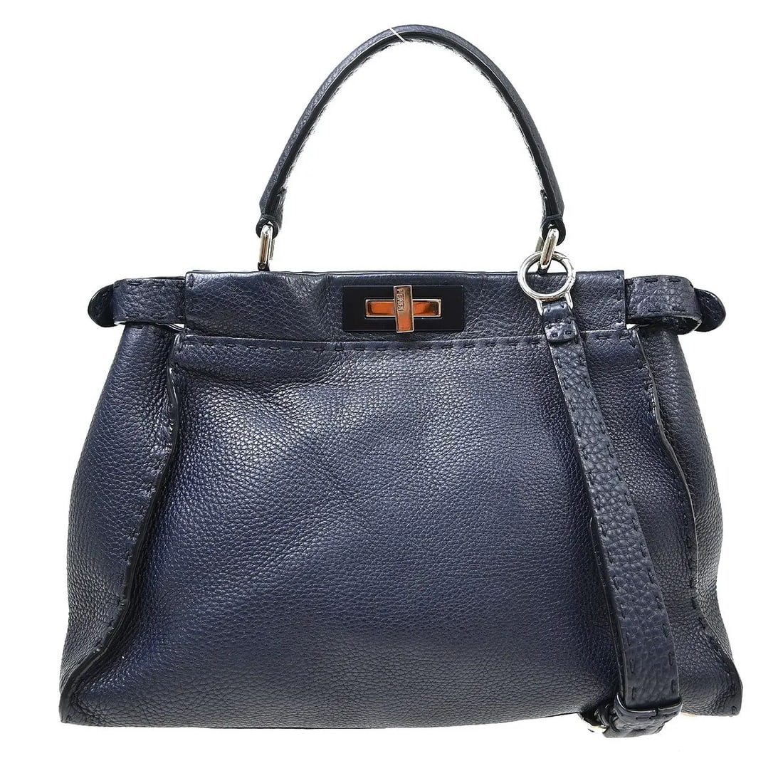 Fendi Peekaboo Navy Leather Handbag 34cm x 24cm x 12cm: Fendi Peekaboo Navy Leather Handbag 34cm x 24cm x 12cm Fendi Peekaboo handbag in navy leather. This piece is made in Italy and shows overall good condition, with light scuffs, dirt, and a frayed edge 