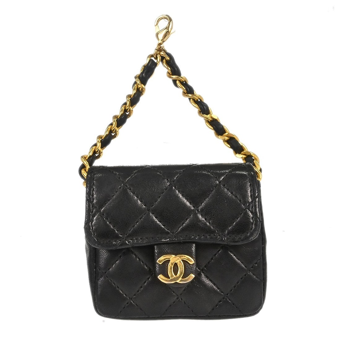 CHANEL Quilted Mini Charm Pouch Black Lambskin Crossbody: CHANEL Quilted Mini Charm Pouch Black Lambskin Crossbody Vintage Chanel Mini Mini Matrasse chain pouch in black lambskin with a button closure and crossbody strap. This women's charm-style bag feature