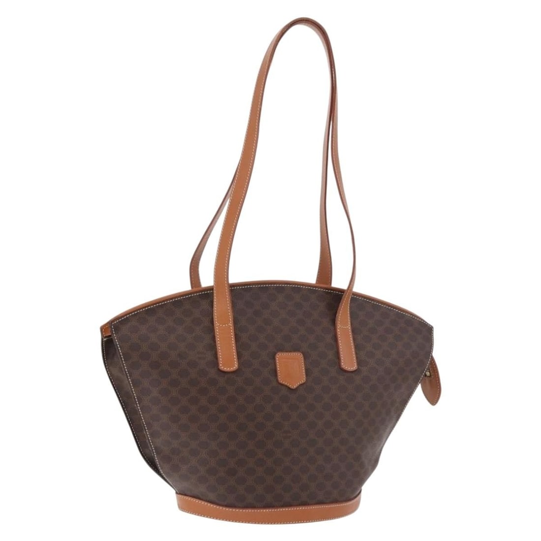 CELINE Macadam Tote Bag Brown PVC Leather with Dust Bag: CELINE Macadam Tote Bag Brown PVC Leather with Dust Bag Celine Macadam canvas tote bag in brown with gold-tone accents, crafted in PVC leather. Made in Italy, this women's tote includes a dust bag and