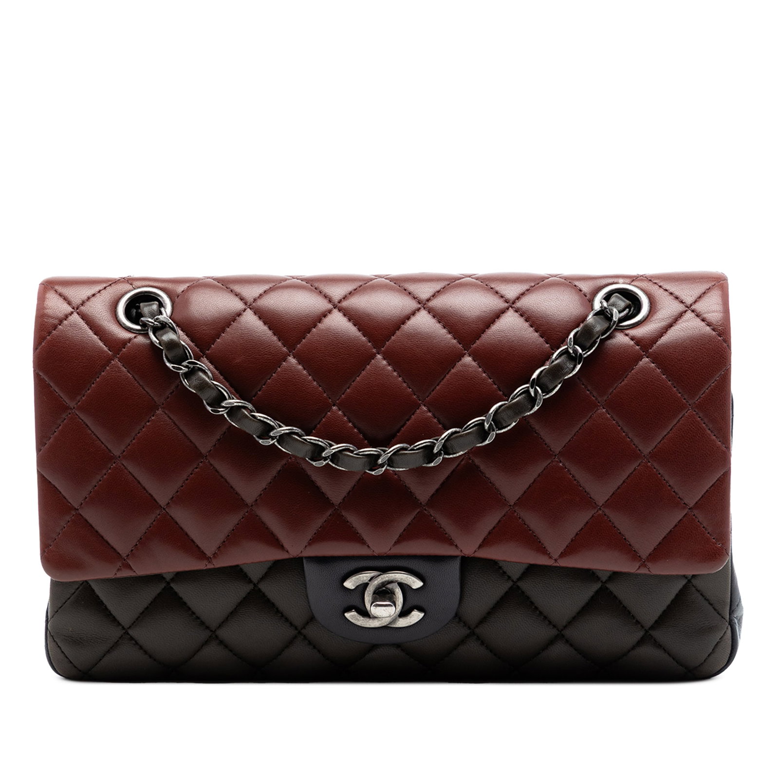 Chanel Medium Classic Double Flap Shoulder Bag in Tricolor Lambskin: Chanel Medium Classic Double Flap Shoulder Bag in Tricolor Lambskin Medium Classic Tricolor Double Flap shoulder bag in quilted lambskin leather with silver-tone leather-woven chain straps and a CC tu