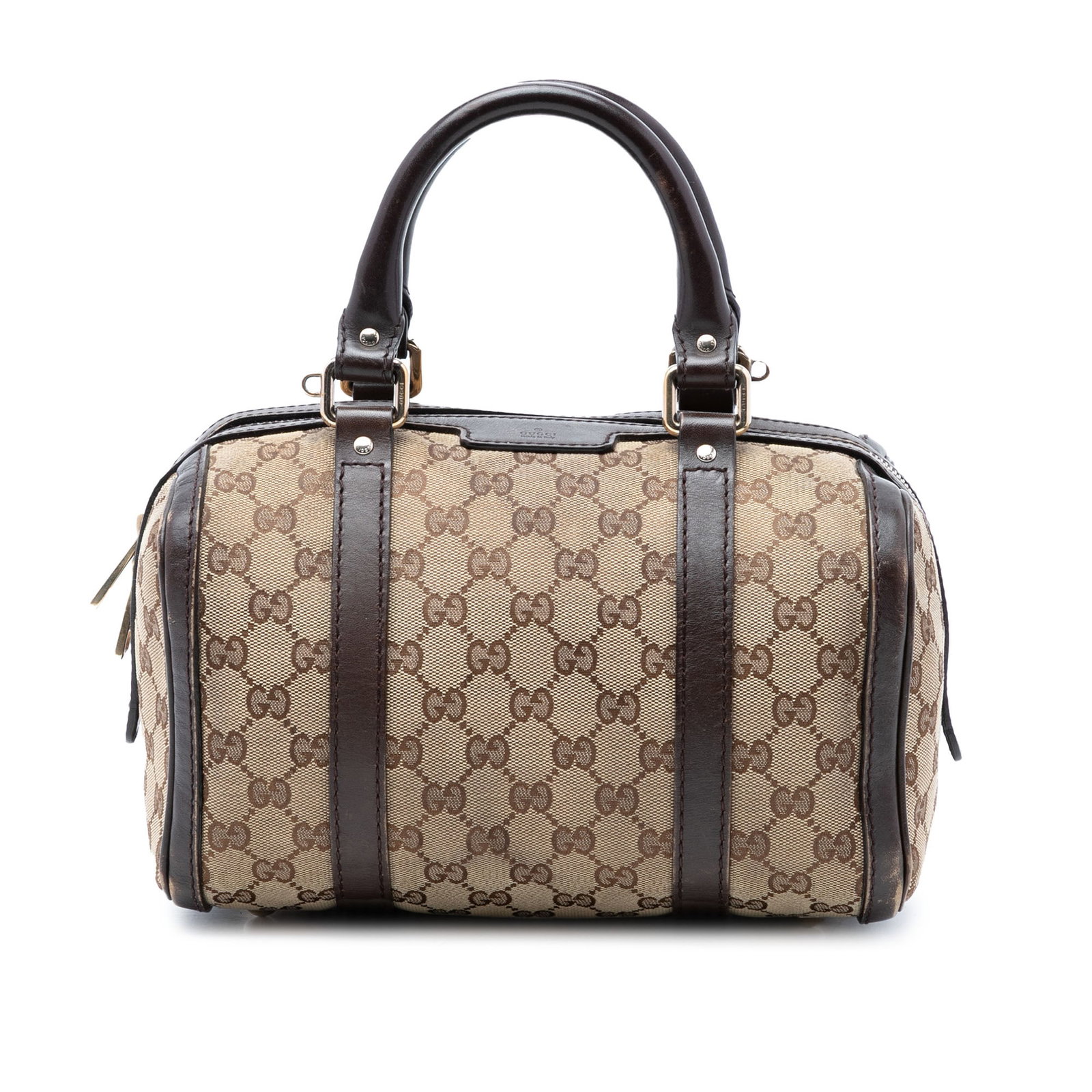 Gucci Joy Boston satchel in GG canvas with leather trim: Gucci Joy Boston satchel in GG canvas with leather trim This Gucci Small GG Canvas Joy Boston Bag features a beige canvas body with leather trim, rolled leather handles, a top zip closure, and an inte
