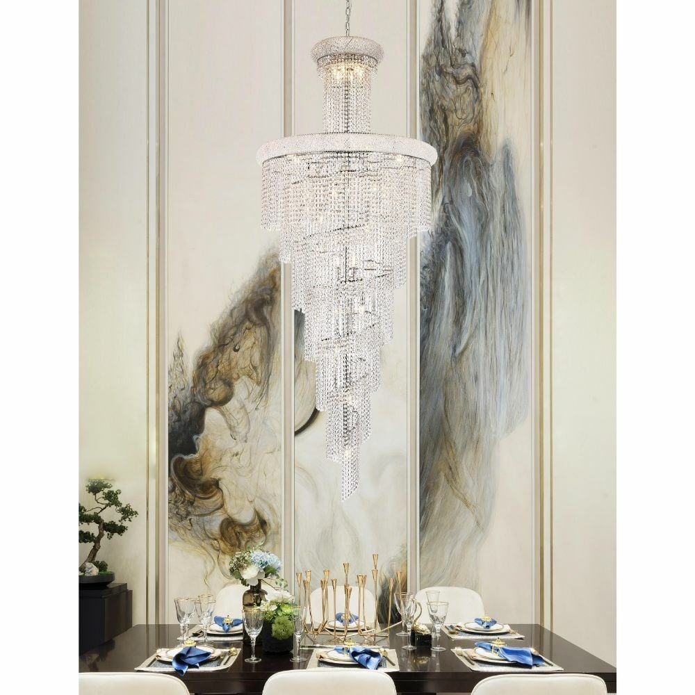 Spiral Crystal Chandelier 32-Light Chrome 36 inch by 86 inch: Spiral Crystal Chandelier 32-Light Chrome 36 inch by 86 inch This large spiral crystal chandelier features a striking modern design with a polished chrome finish. Measuring 36 inches in width and 86 i