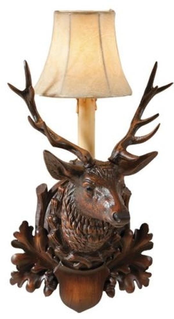 Chocolate Stag Lodge Style Wall Sconce with Faux Leather Shade: Chocolate Stag Lodge Style Wall Sconce with Faux Leather Shade This item is made at time of order. Please allow 42 to 70 days for production. Illuminate your space with this stunning Chocolate Stag Wa