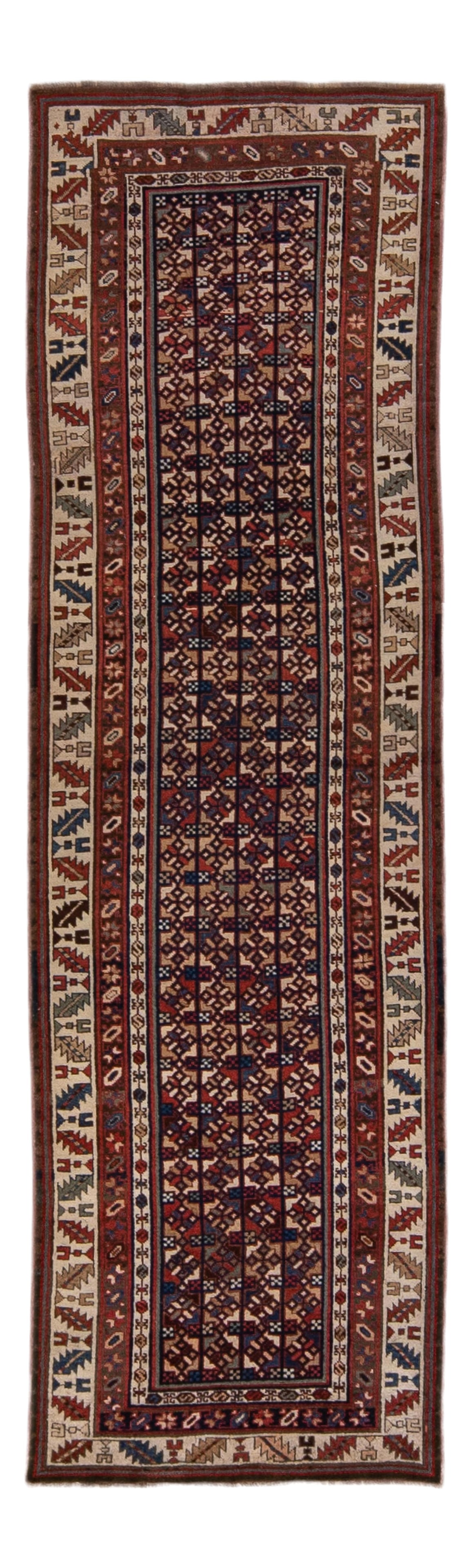 Handmade Antique Kurdish Wool Runner Geometric Design 3'1" x 10'9": Handmade Antique Kurdish Wool Runner Geometric Design 3'1" x 10'9" This exquisite Kurdish hand-knotted wool runner features an intricate geometric design set against a rich red field. The rug is adorn
