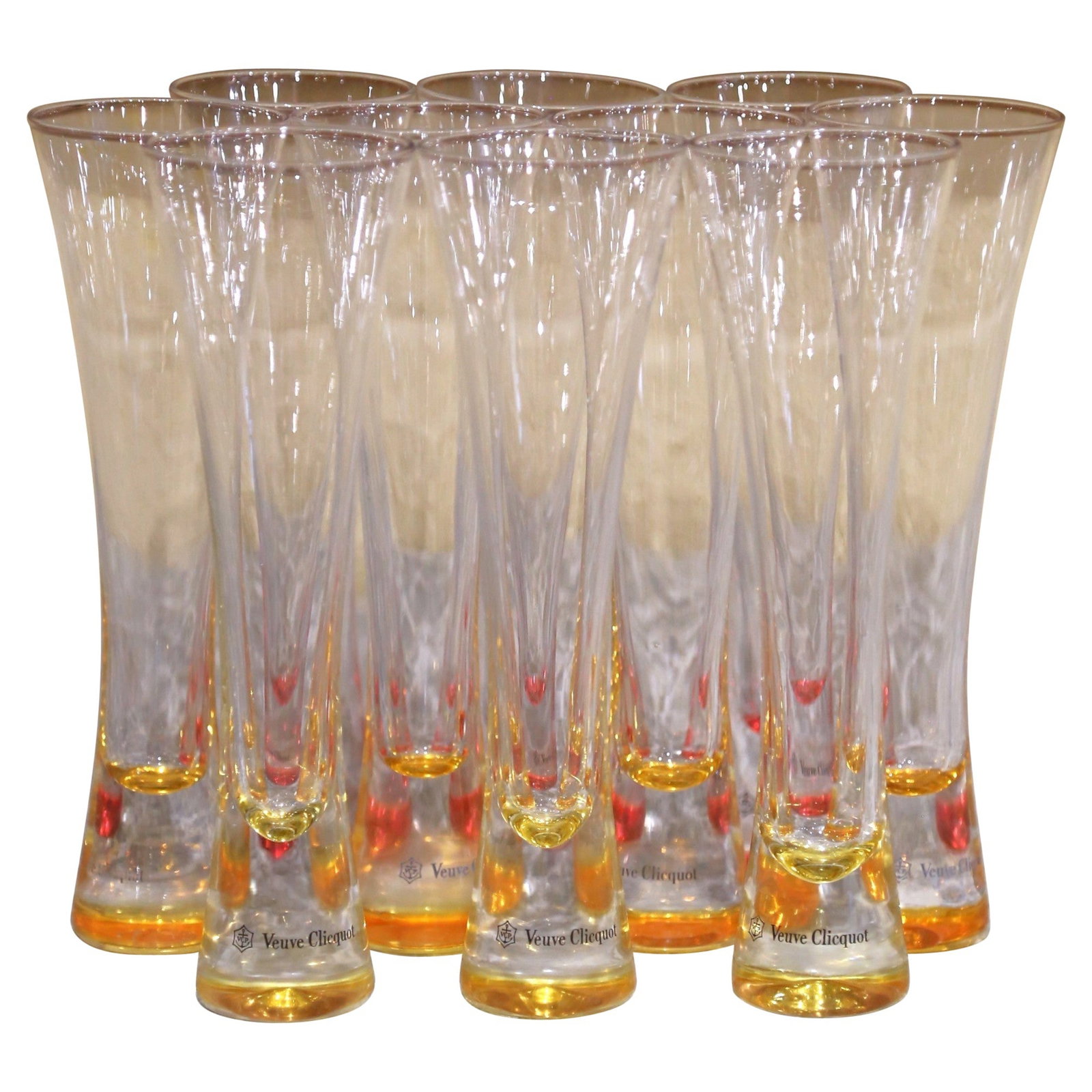 10 Hand Crafted Veuve Clicquot Glass Champagne Flutes Colored Bases Set of 10: 10 Hand Crafted Veuve Clicquot Glass Champagne Flutes Colored Bases Set of 10 This set of ten vintage Veuve Clicquot champagne flutes features clear glass with colored bases in amber, yellow citrine, 