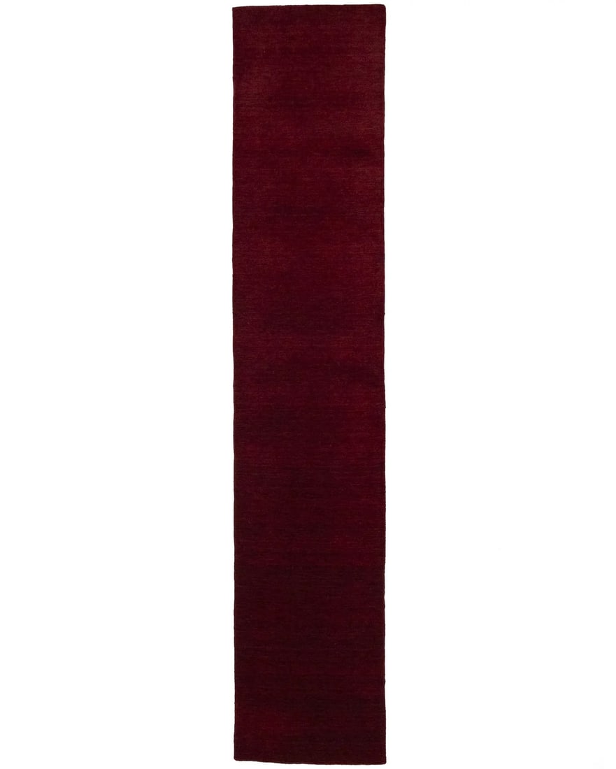 Hand-Loomed 2'5 x 11'10 Maroon Red Gabbeh Wool Runner Rug Modern Design: Hand-Loomed 2'5 x 11'10 Maroon Red Gabbeh Wool Runner Rug Modern Design Enhance your space with this elegant maroon red Gabbeh wool runner rug, measuring 2'5" x 11'10". Hand-loomed with a solid design